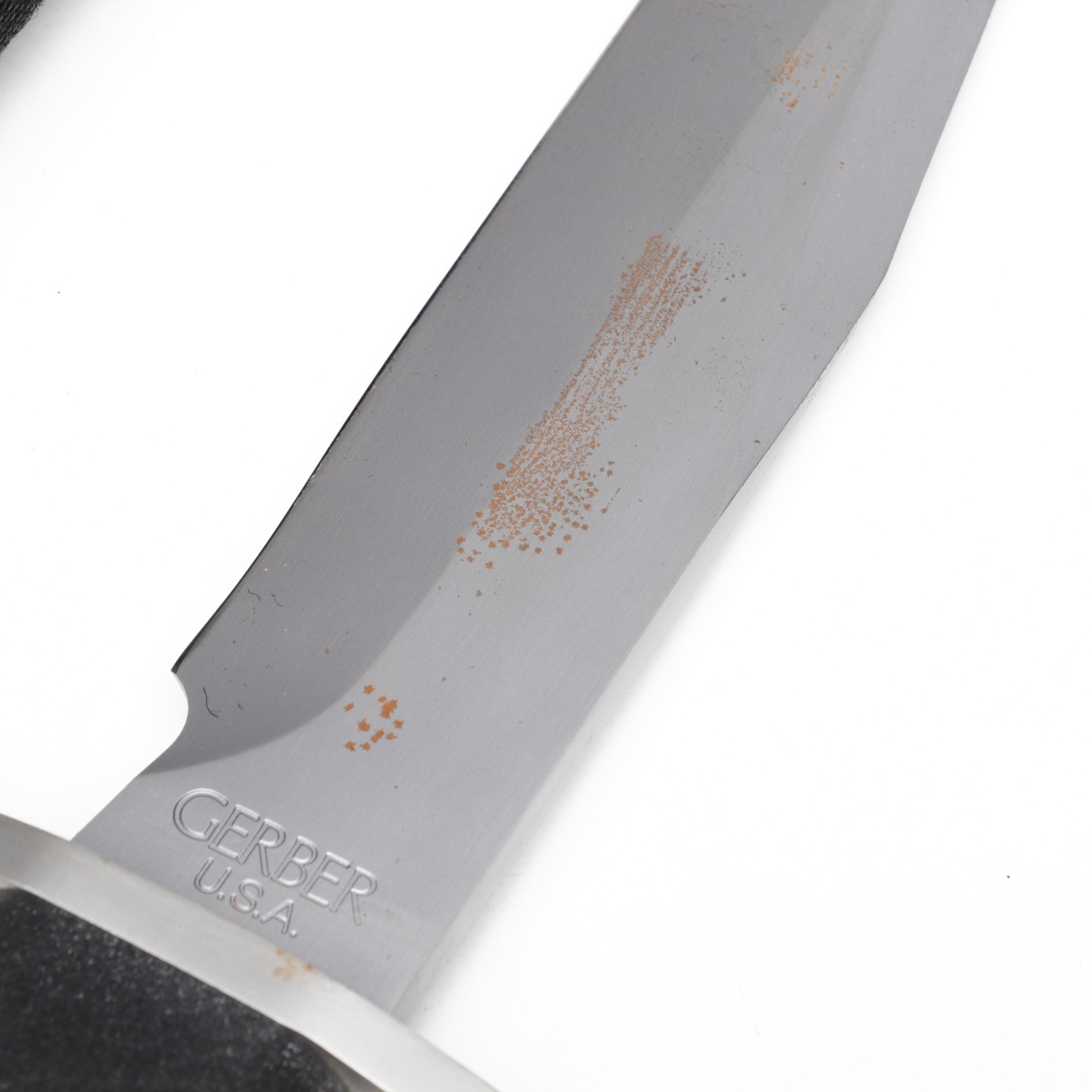 Gerber BMF Steel and Rubber Handled Survival Knife in Scabbard