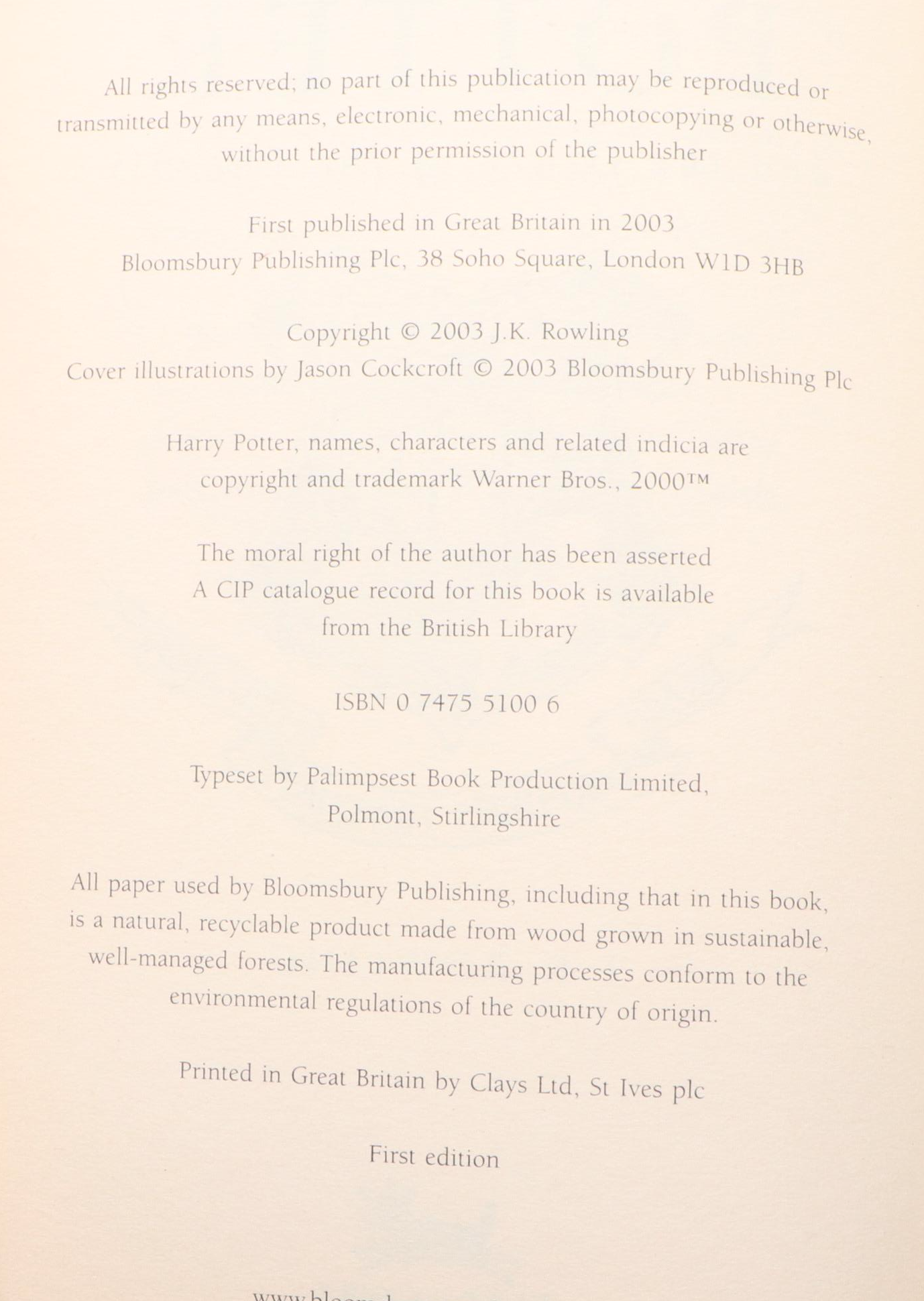 First UK Edition "Harry Potter and the Order of the Phoenix" by J. K. Rowling