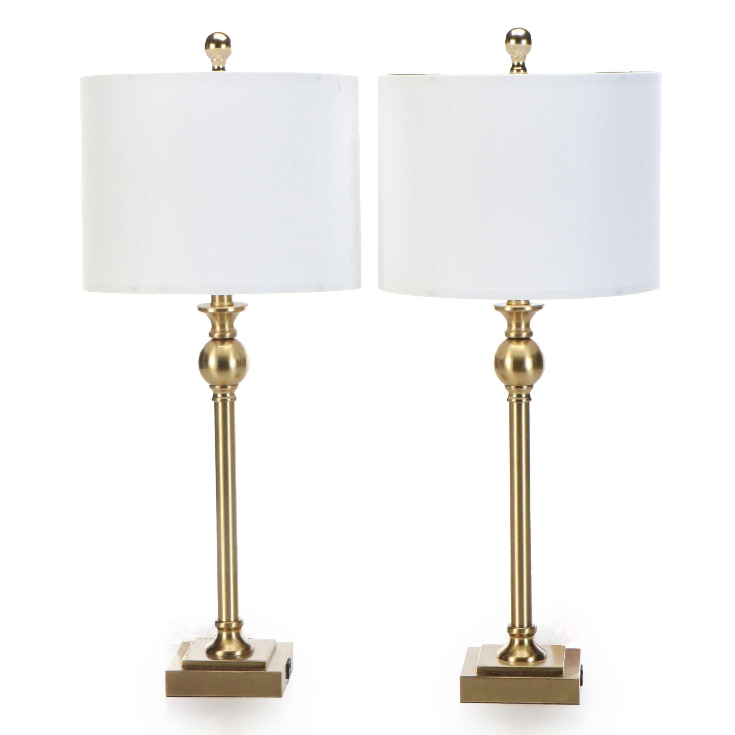 Pair of Brushed Gold Console Table Lamps with USB Ports, Cotton Drum Shades