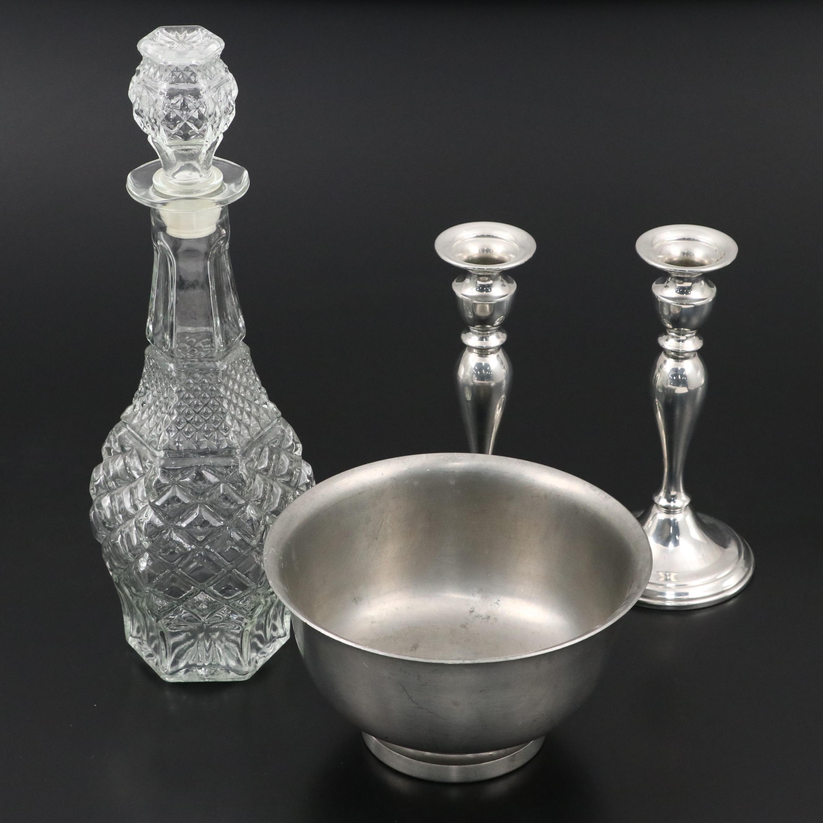 Web Pewter Candlesticks with Connecticut House Bowl and Glass Decanter