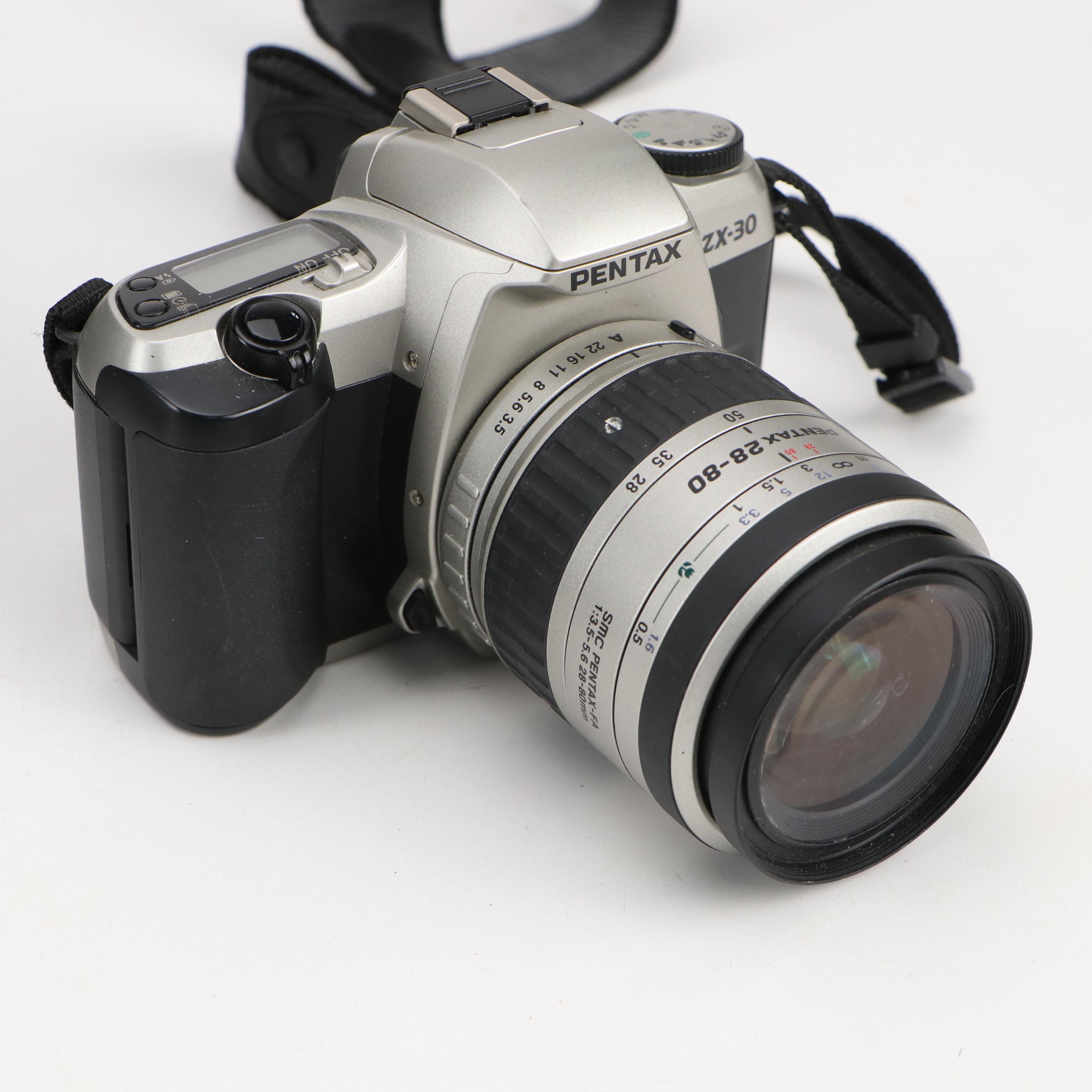 Pentax ZX-30 and Olympus OM-G Cameras with Case, Flash and Lenses