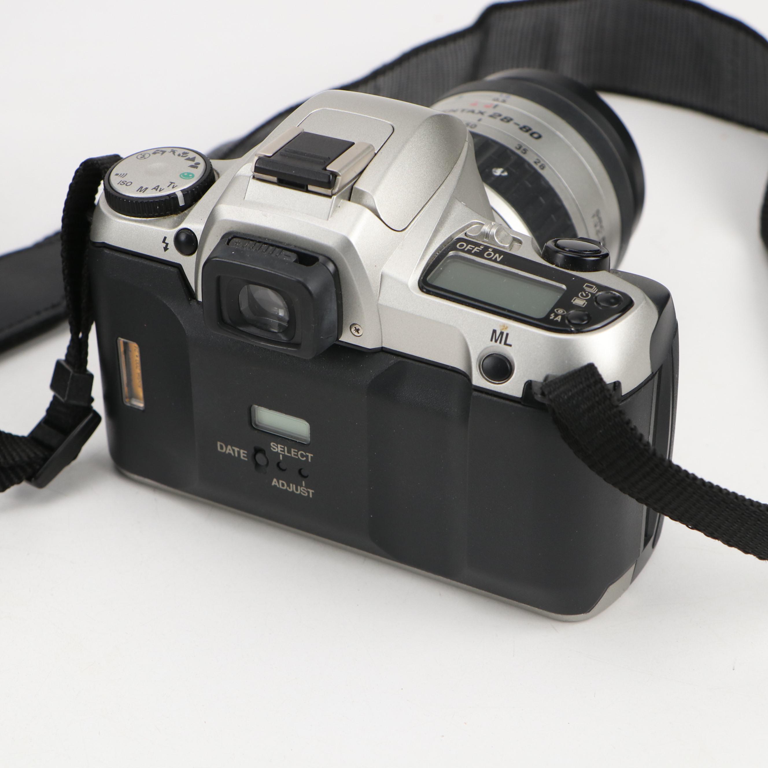 Pentax ZX-30 and Olympus OM-G Cameras with Case, Flash and Lenses