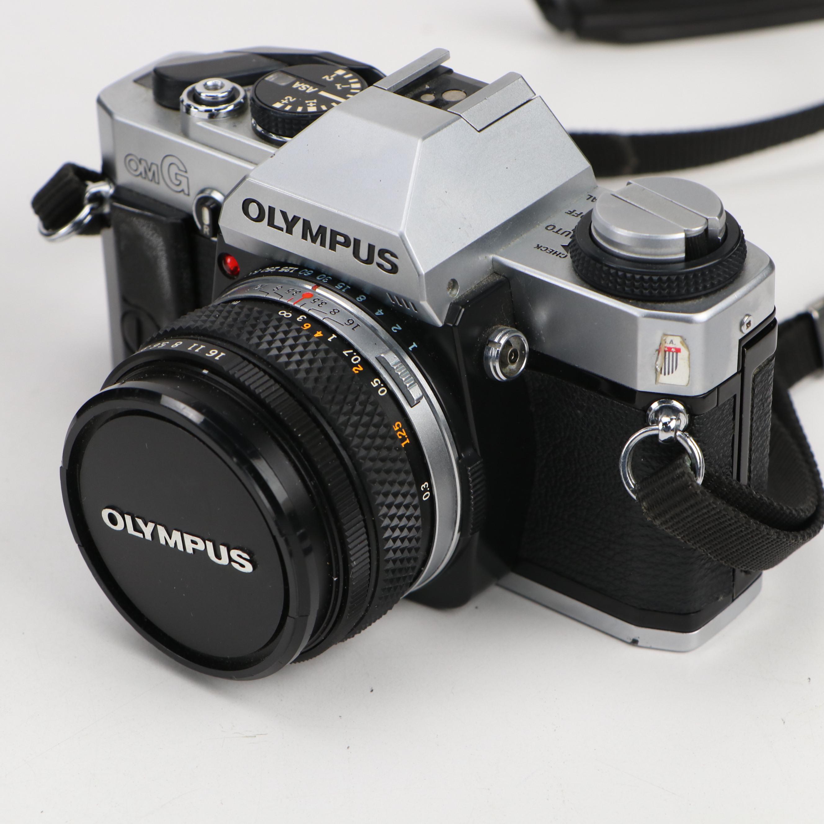 Pentax ZX-30 and Olympus OM-G Cameras with Case, Flash and Lenses