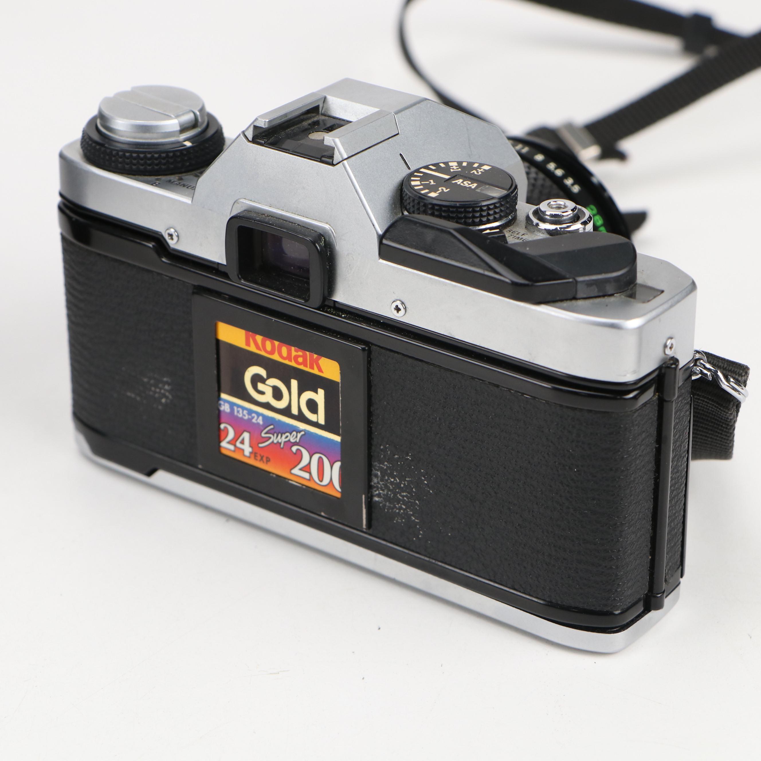 Pentax ZX-30 and Olympus OM-G Cameras with Case, Flash and Lenses