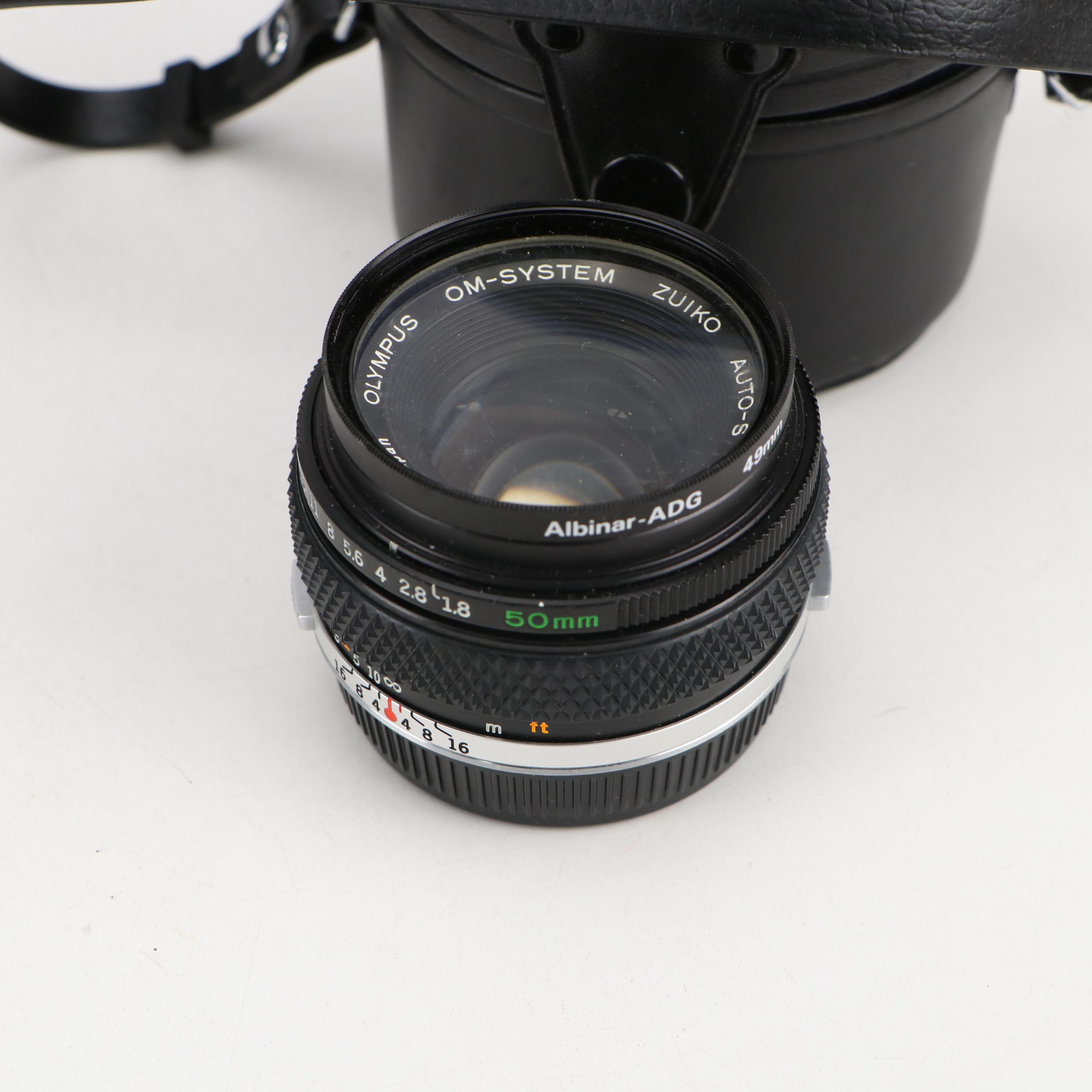 Pentax ZX-30 and Olympus OM-G Cameras with Case, Flash and Lenses