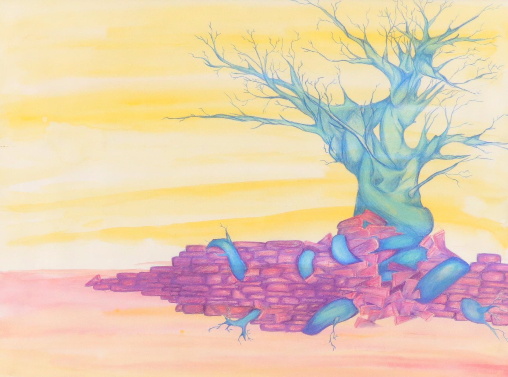 Mixed Media Drawing of Gnarled Tree Along Fence