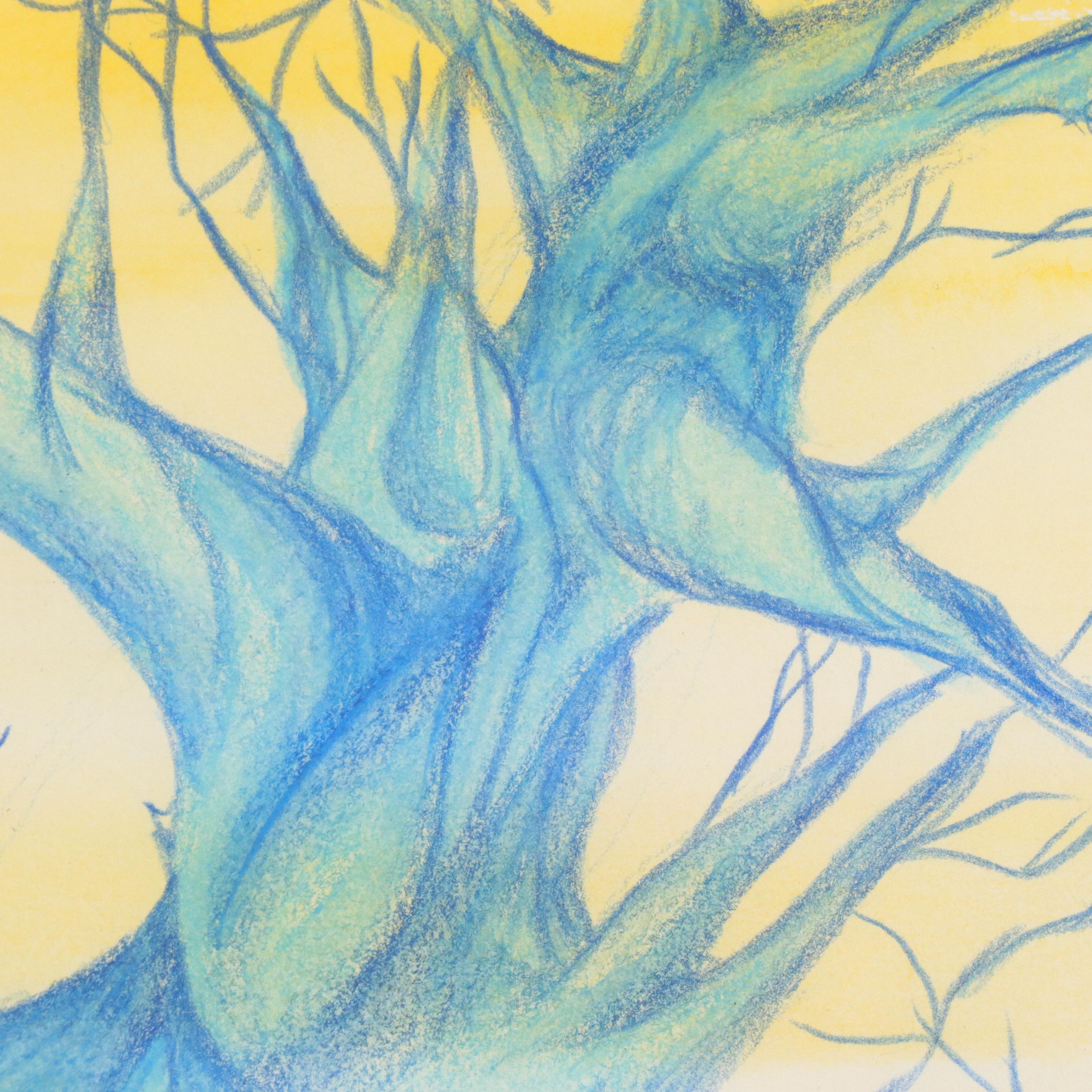 Mixed Media Drawing of Gnarled Tree Along Fence