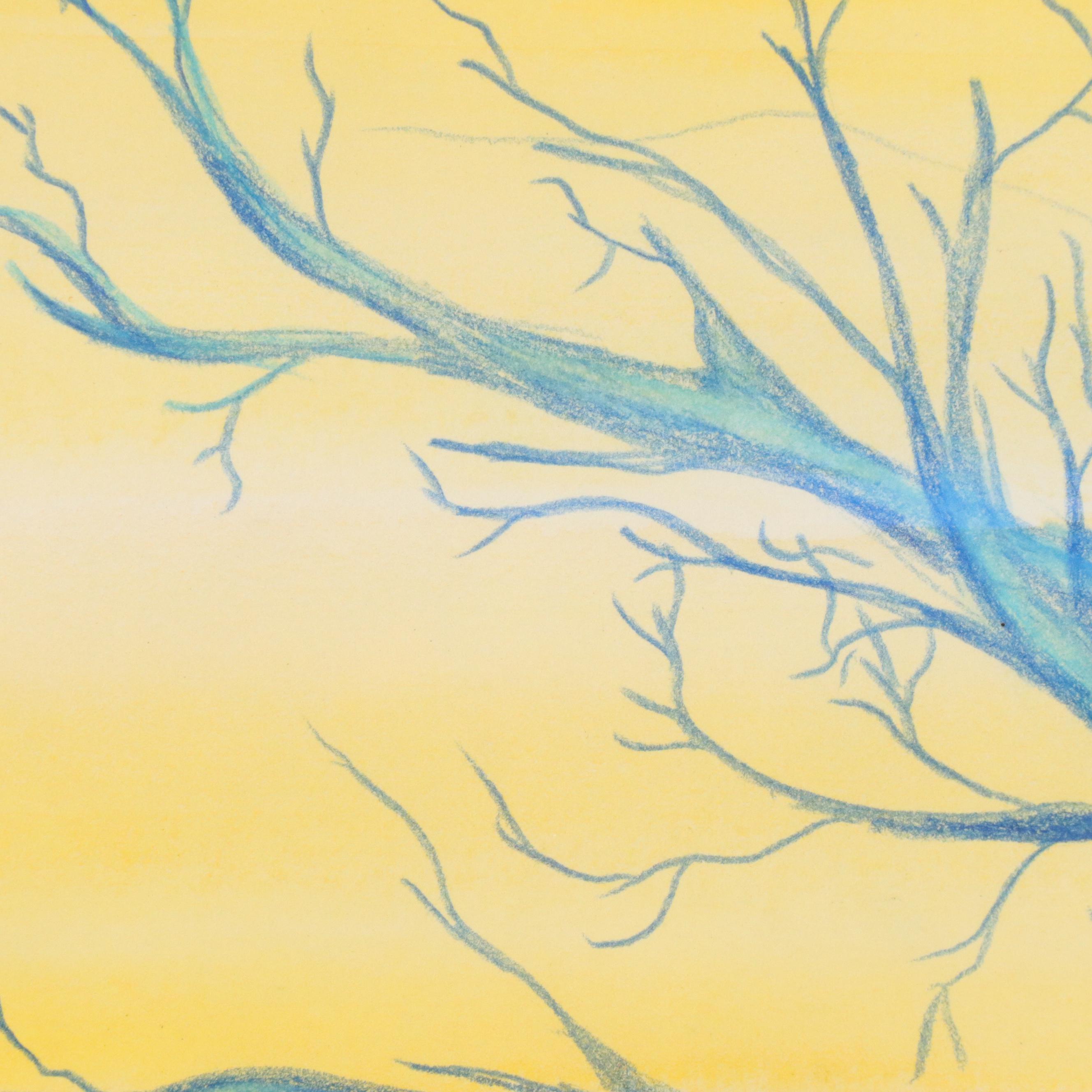 Mixed Media Drawing of Gnarled Tree Along Fence