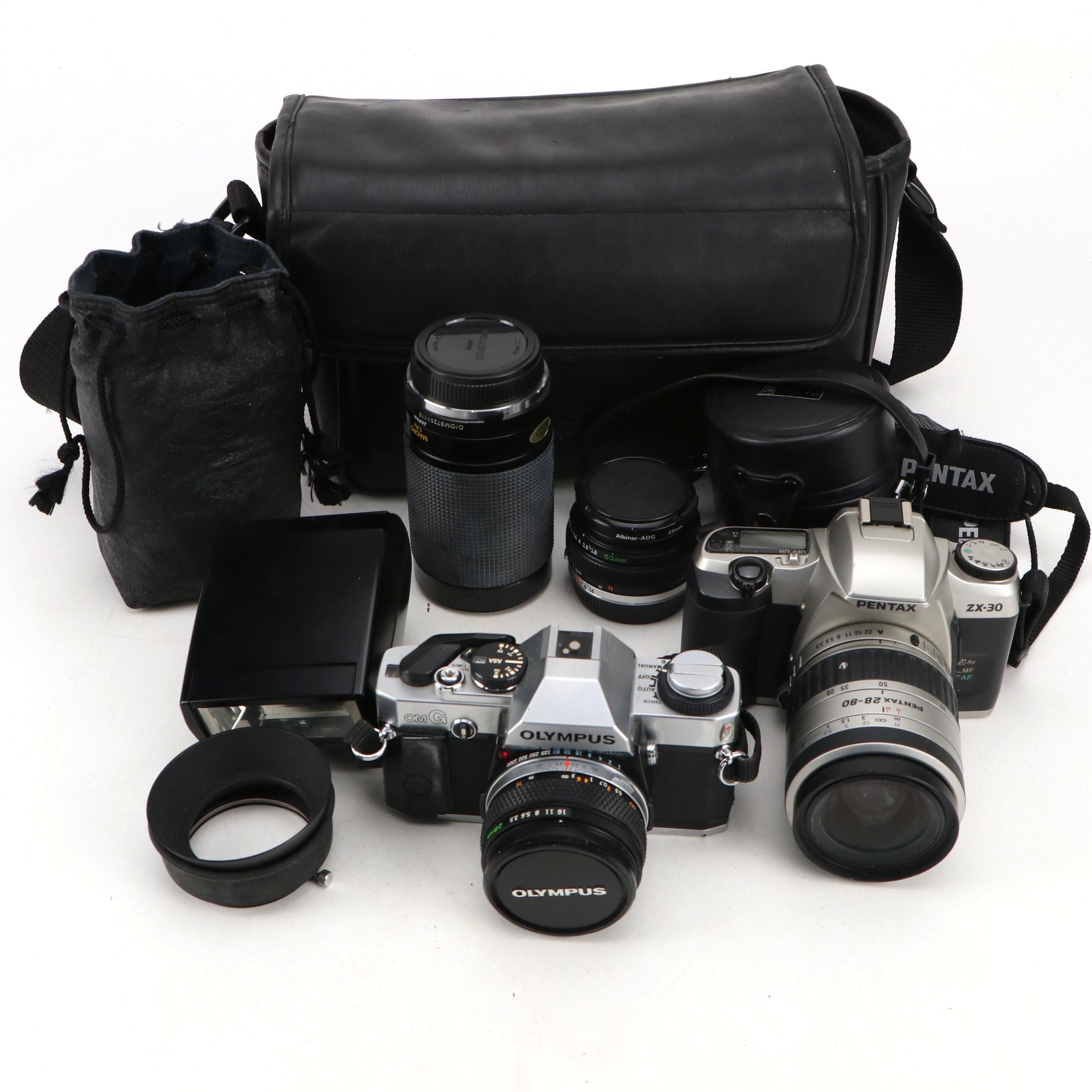 Pentax ZX-30 and Olympus OM-G Cameras with Case, Flash and Lenses