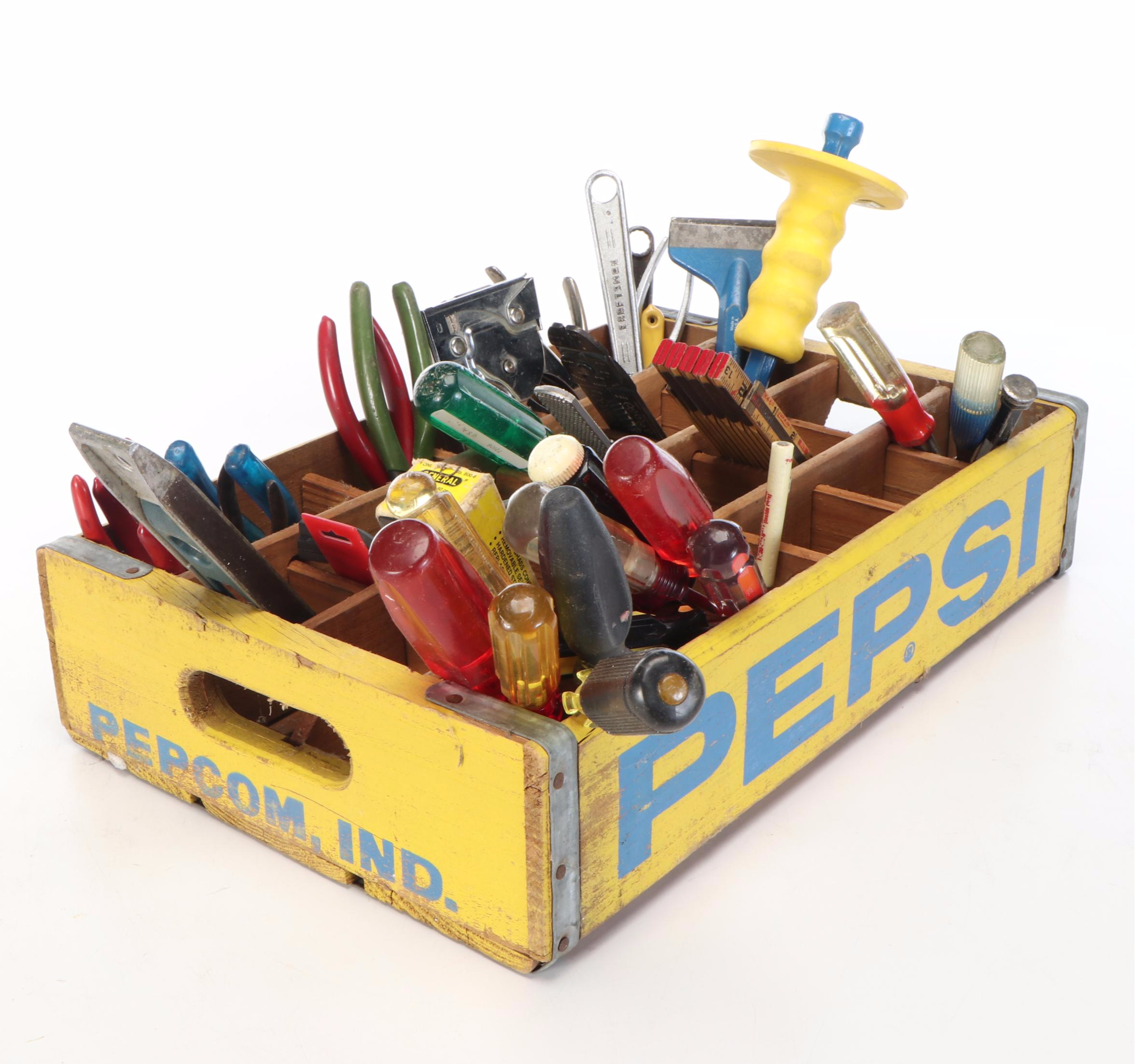Pepsi Painted Wood Crate with Assorted Hand Tools and Saws
