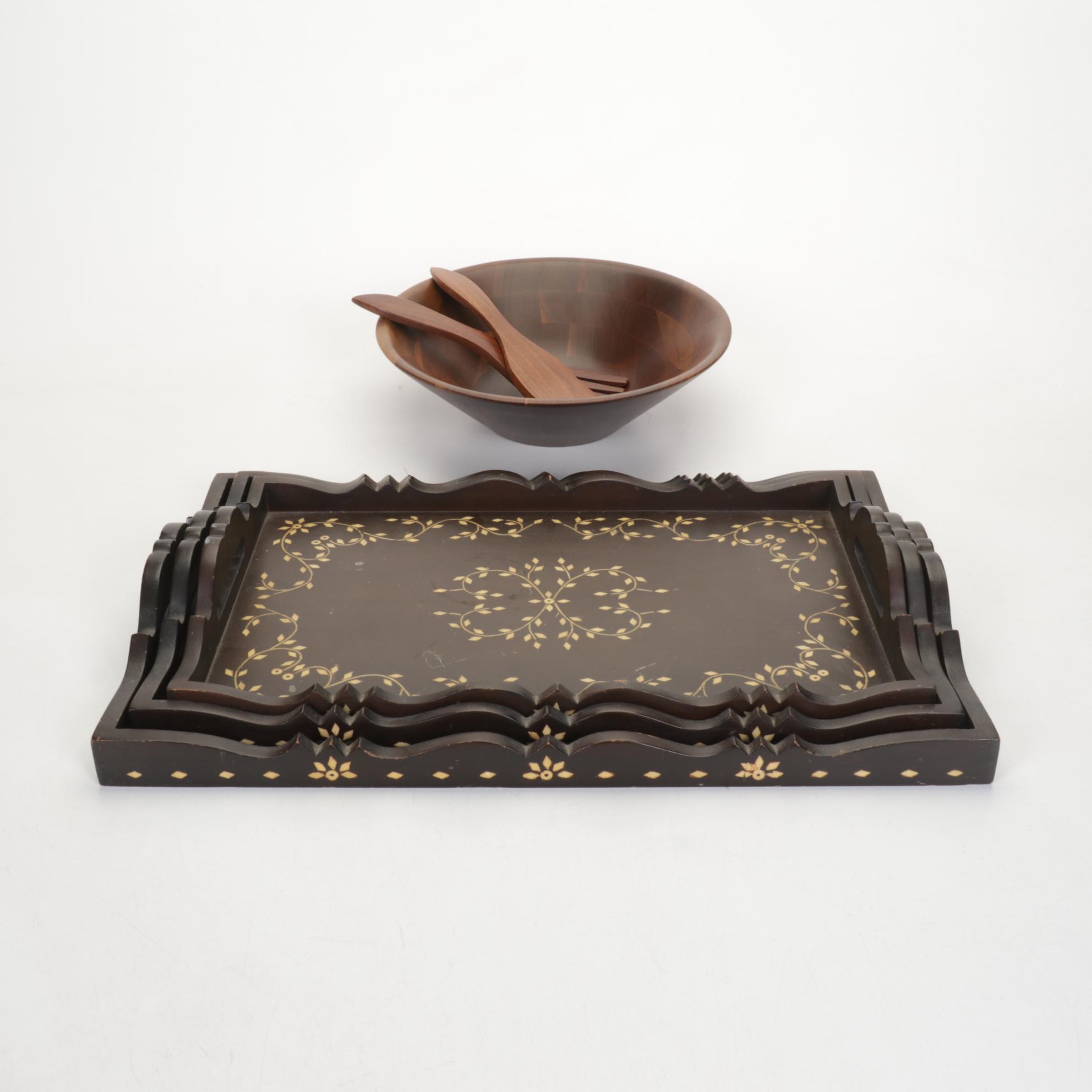Vermillion Walnut Salad Bowl and Tongs with Nesting Inlaid Serving Trays