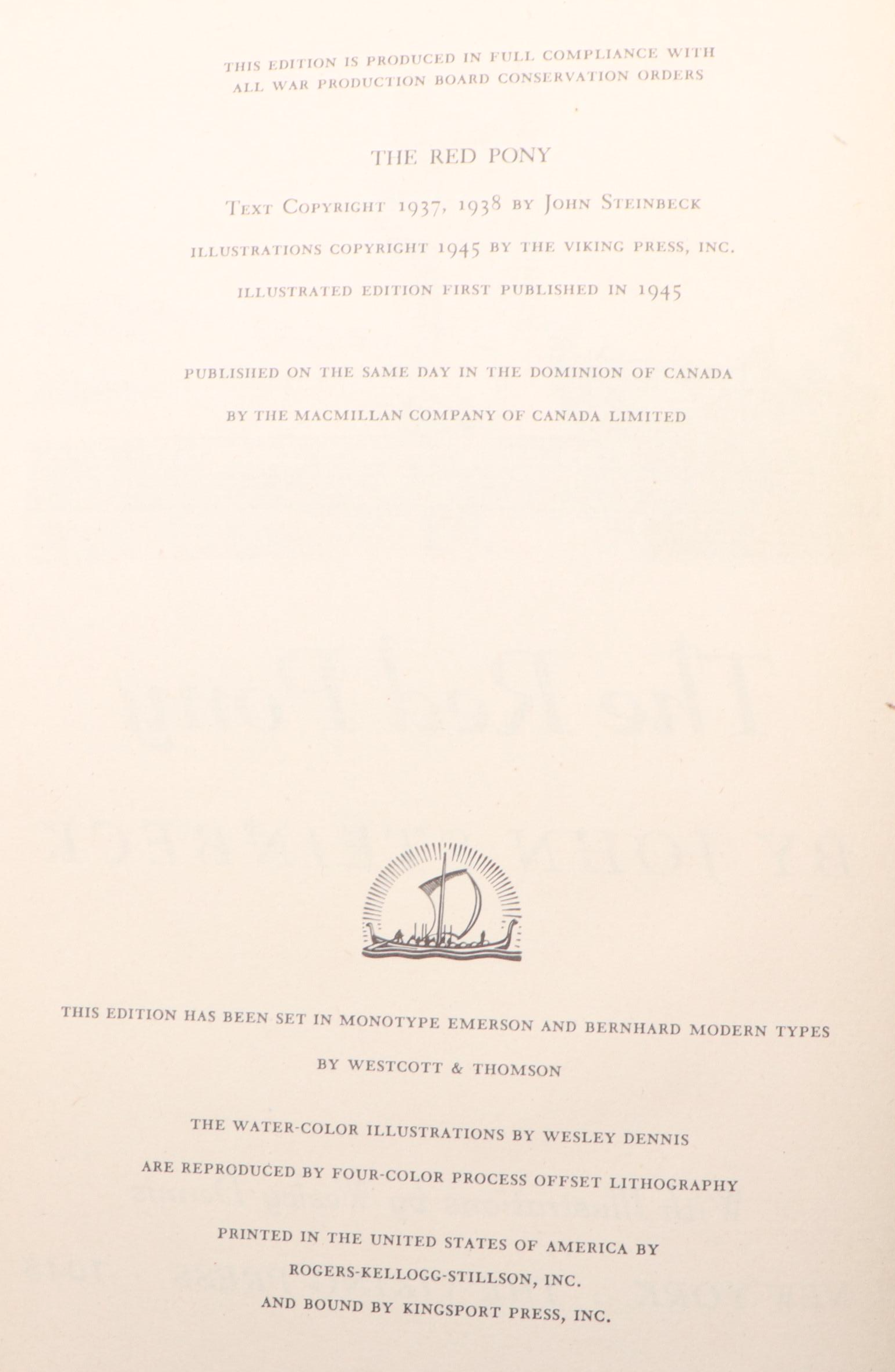 First Illustrated Edition "The Red Pony" by John Steinbeck, 1945