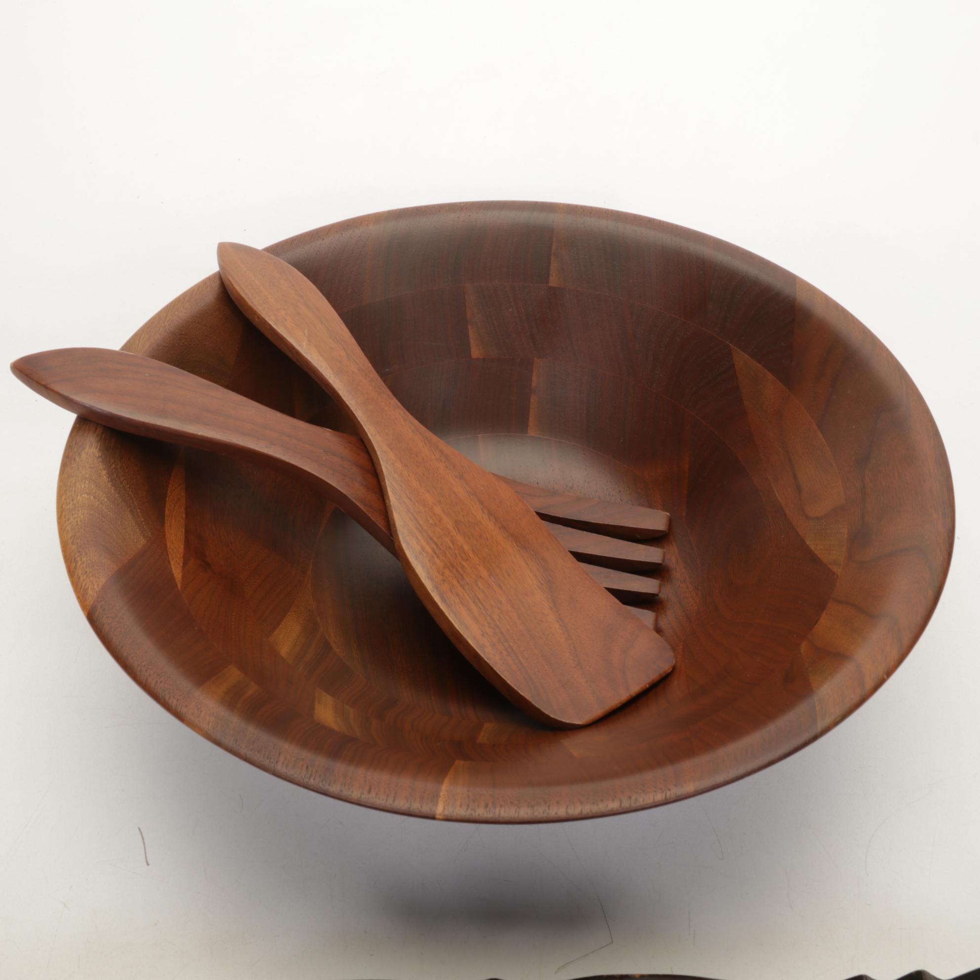 Vermillion Walnut Salad Bowl and Tongs with Nesting Inlaid Serving Trays