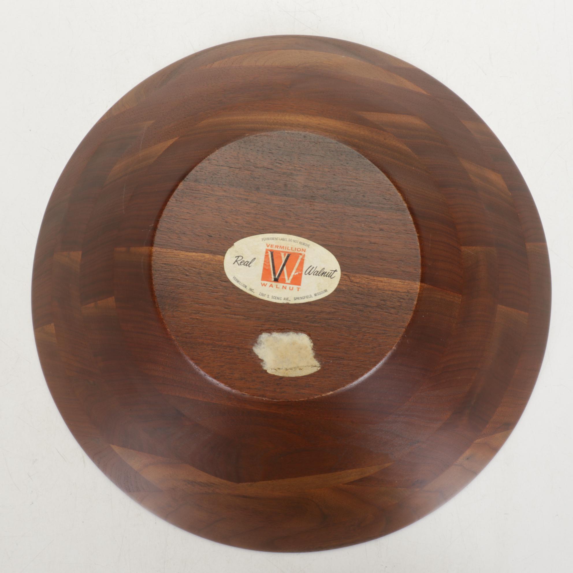 Vermillion Walnut Salad Bowl and Tongs with Nesting Inlaid Serving Trays