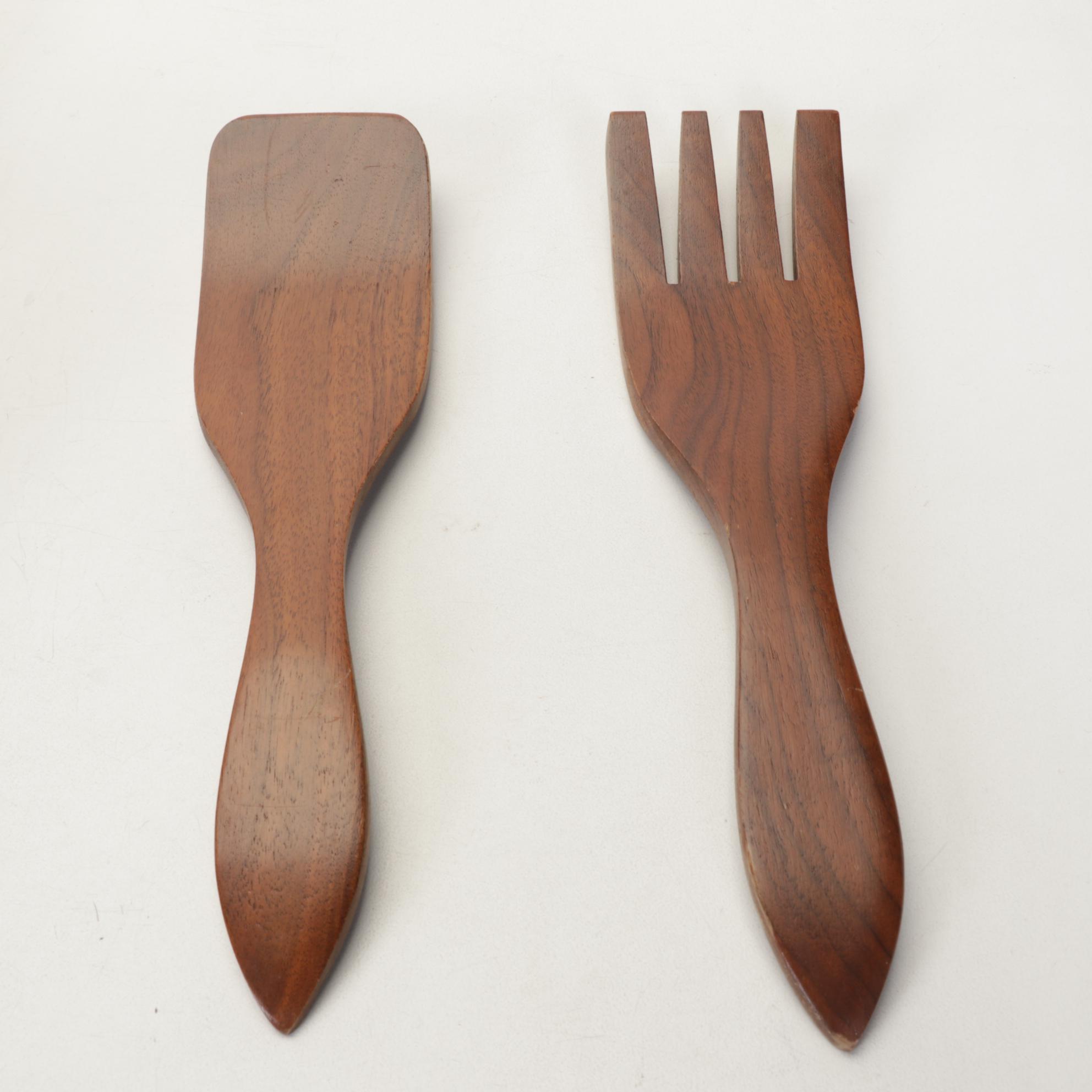 Vermillion Walnut Salad Bowl and Tongs with Nesting Inlaid Serving Trays