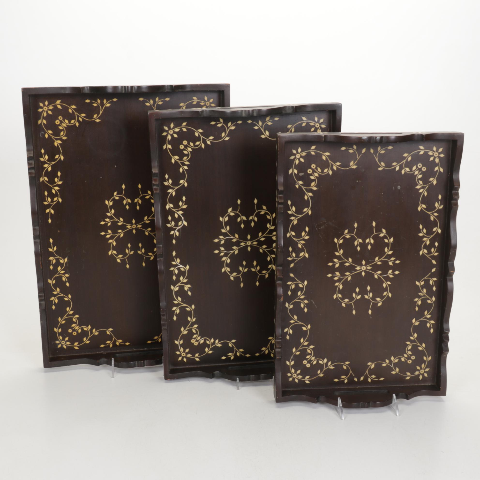 Vermillion Walnut Salad Bowl and Tongs with Nesting Inlaid Serving Trays