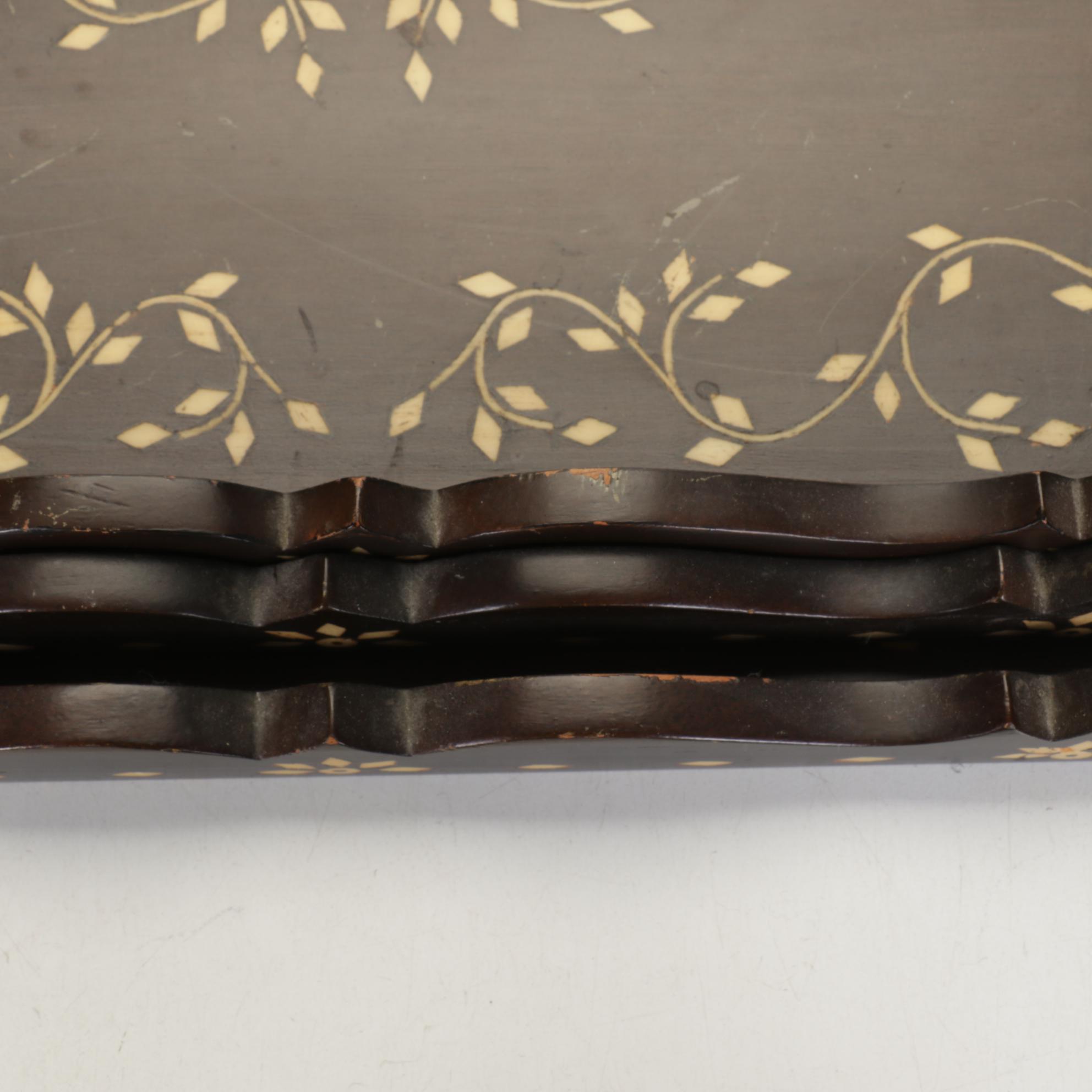 Vermillion Walnut Salad Bowl and Tongs with Nesting Inlaid Serving Trays