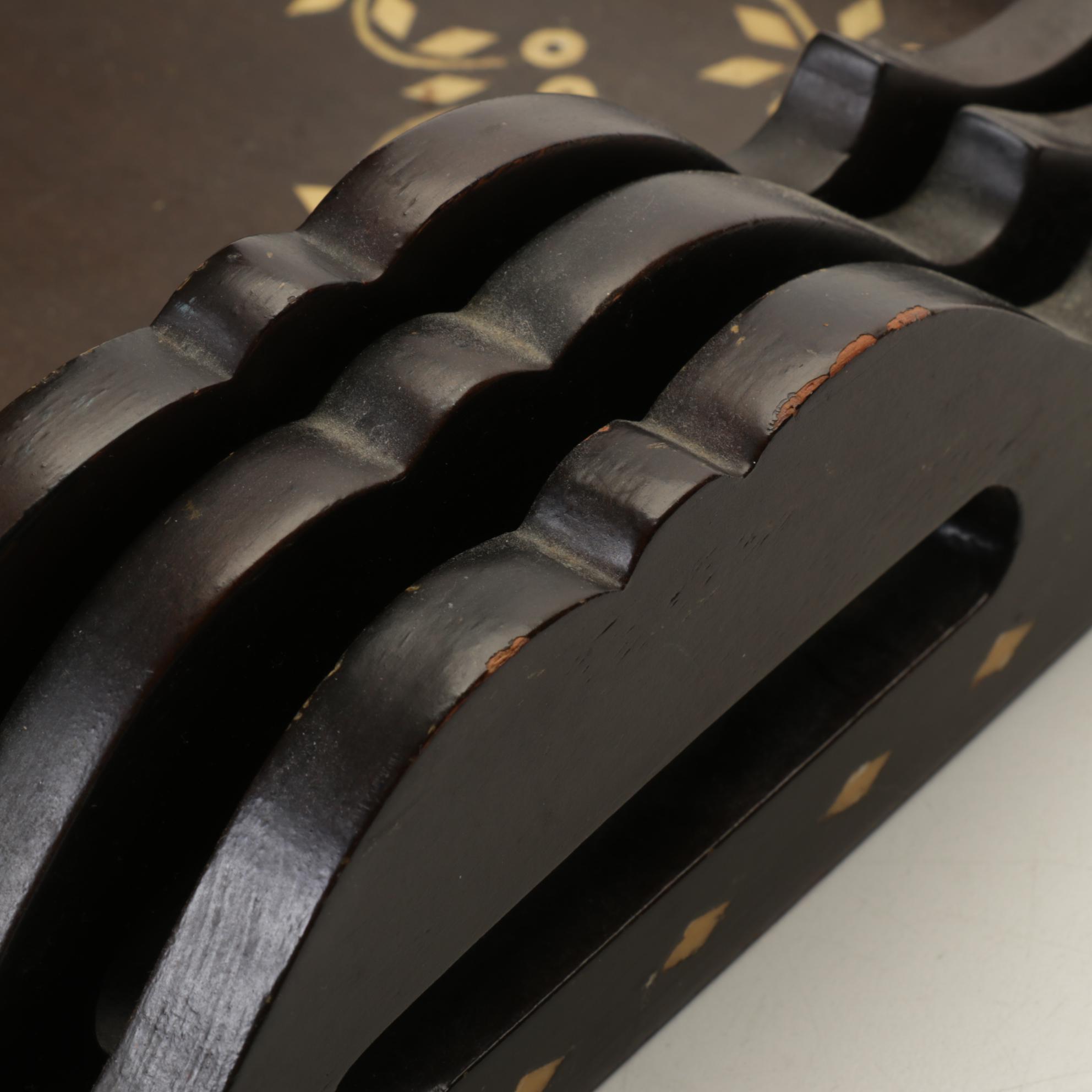 Vermillion Walnut Salad Bowl and Tongs with Nesting Inlaid Serving Trays