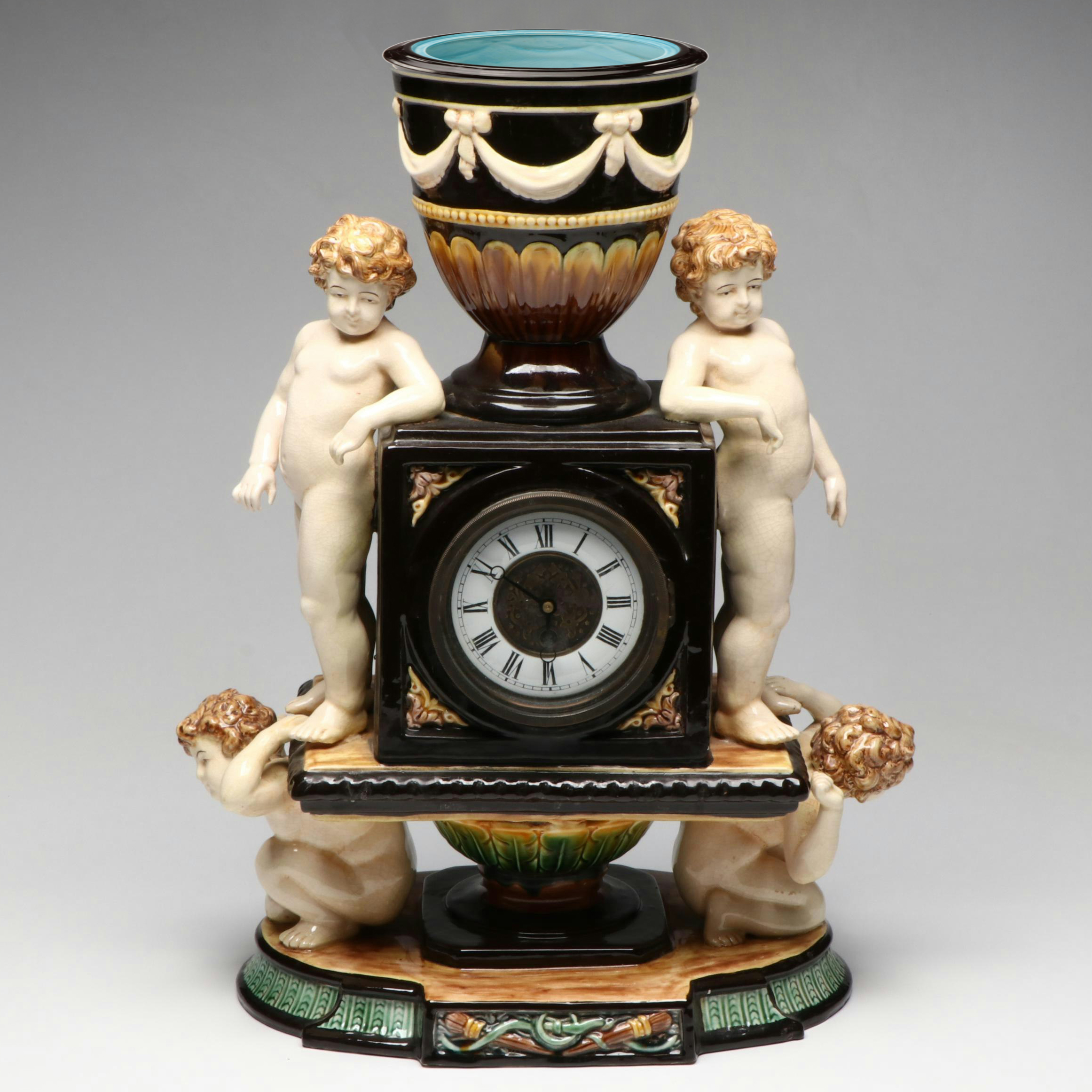 English Majolica Cherub Clock, Late 19th Century