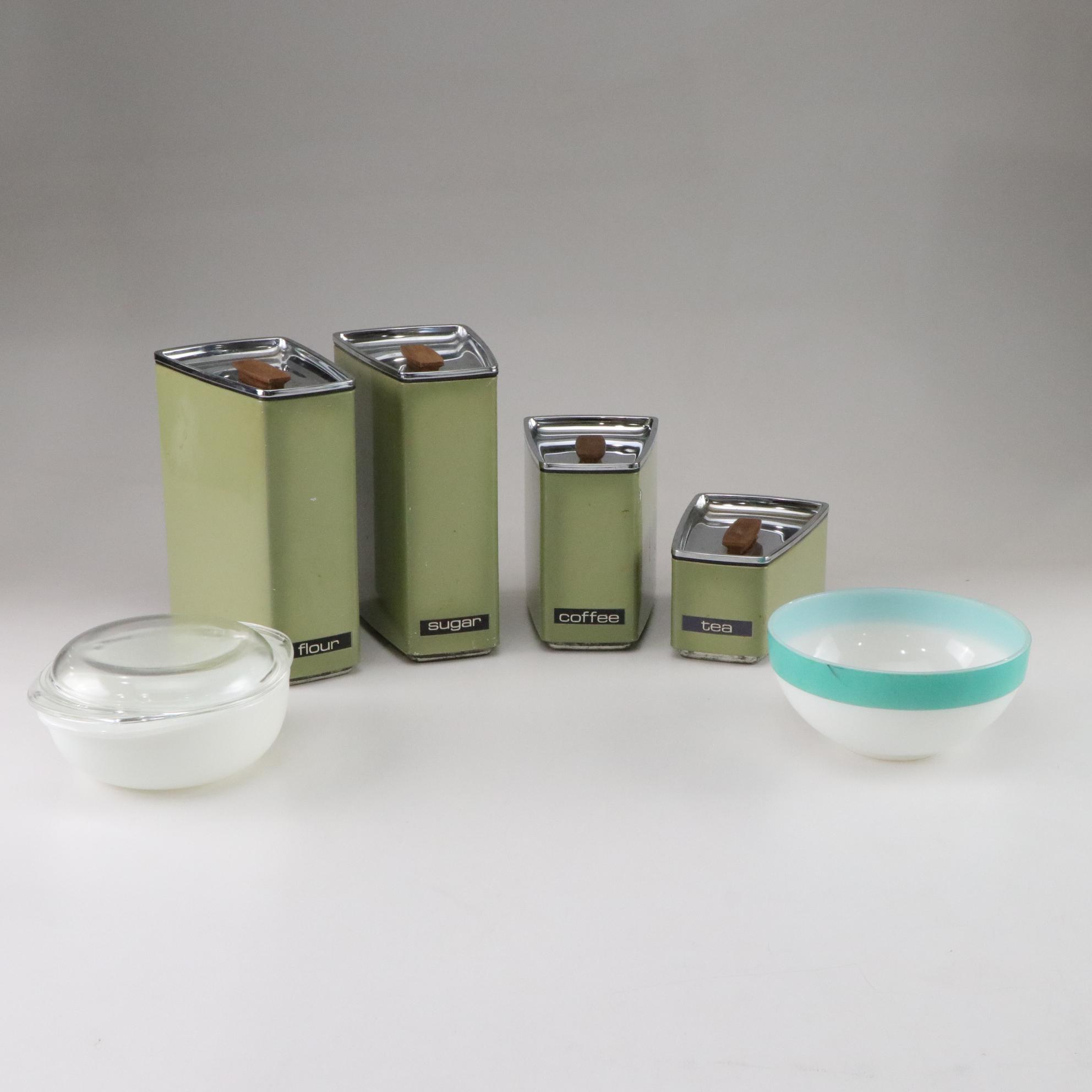 Mid Century Modern Lincoln "BeautyWare" Canisters with Fire King and Pyrex