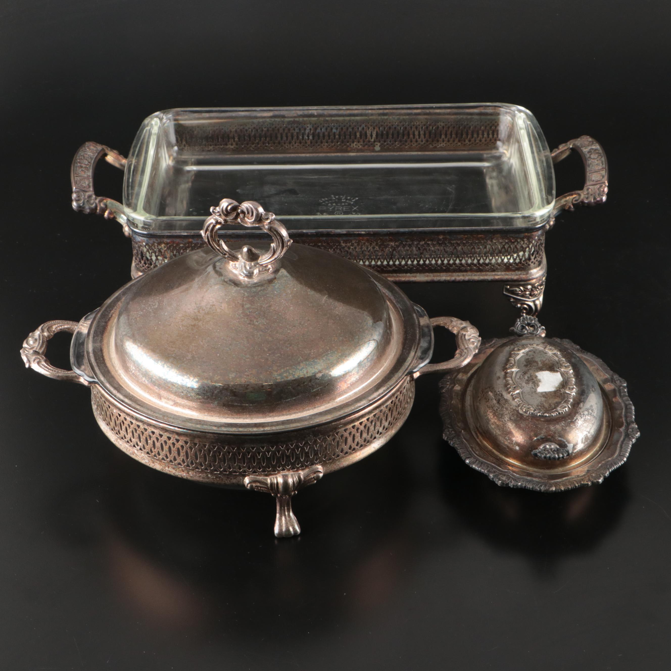 Pyrex Casserole Dishes with Silver Plate Holders and Other Covered Serving Dish