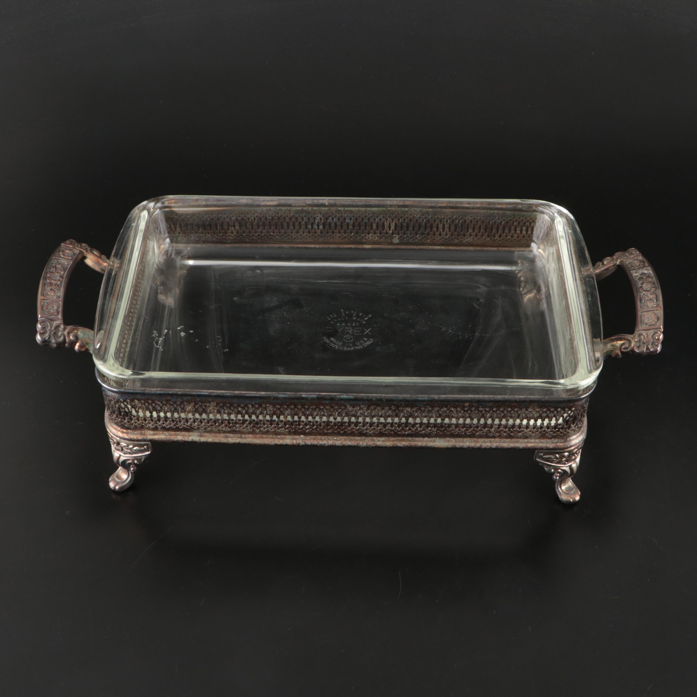 Pyrex Casserole Dishes with Silver Plate Holders and Other Covered Serving Dish