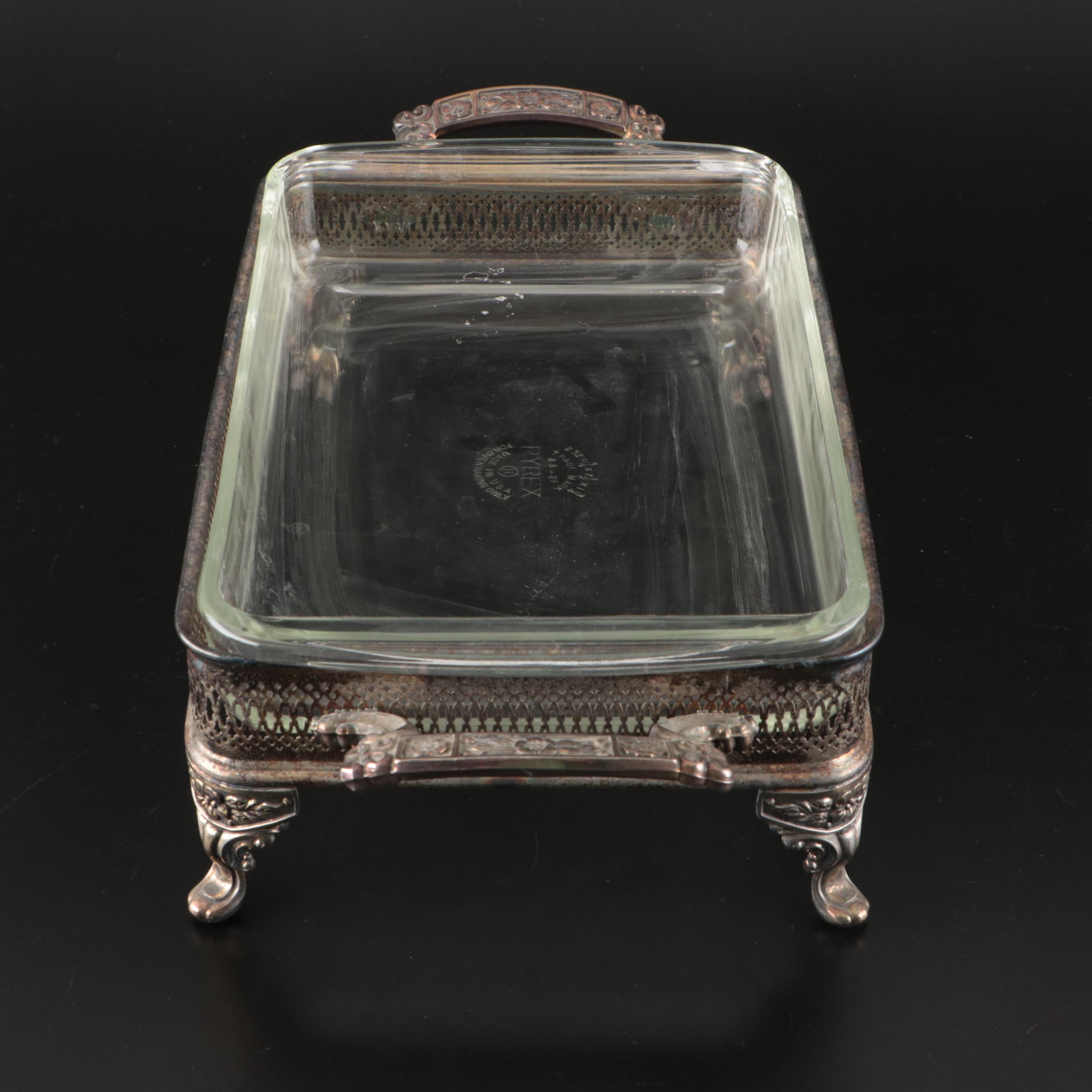 Pyrex Casserole Dishes with Silver Plate Holders and Other Covered Serving Dish