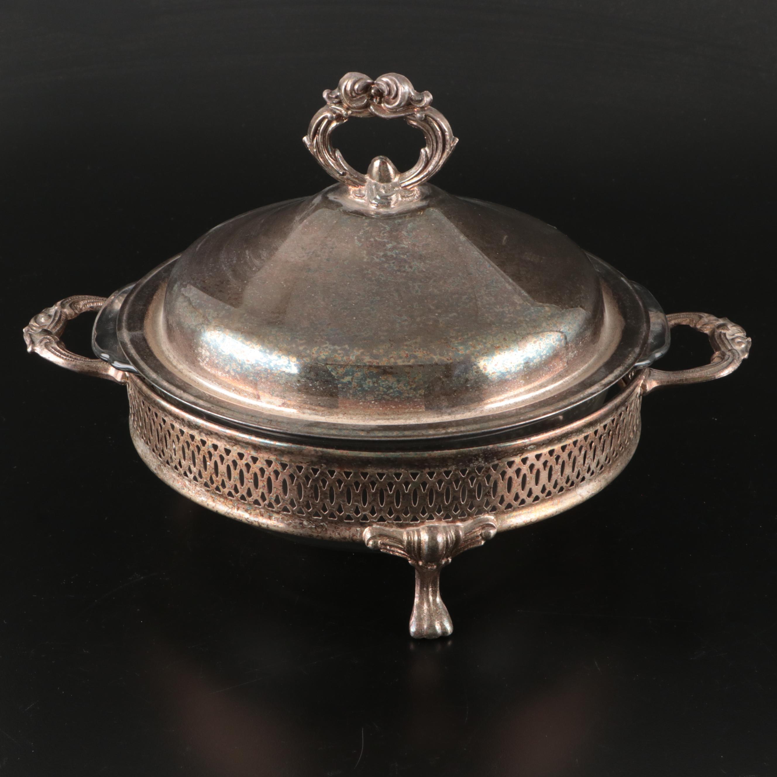 Pyrex Casserole Dishes with Silver Plate Holders and Other Covered Serving Dish