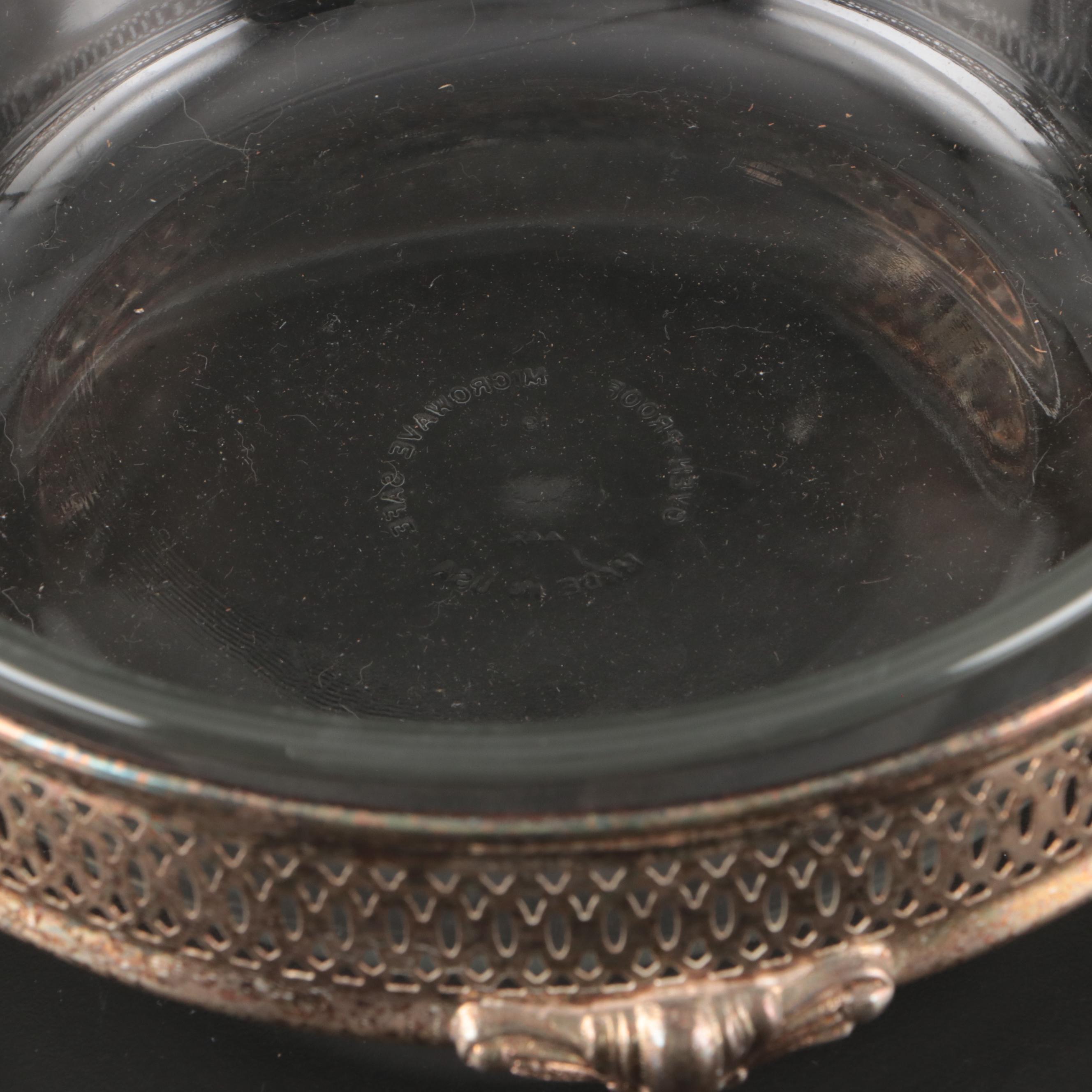 Pyrex Casserole Dishes with Silver Plate Holders and Other Covered Serving Dish