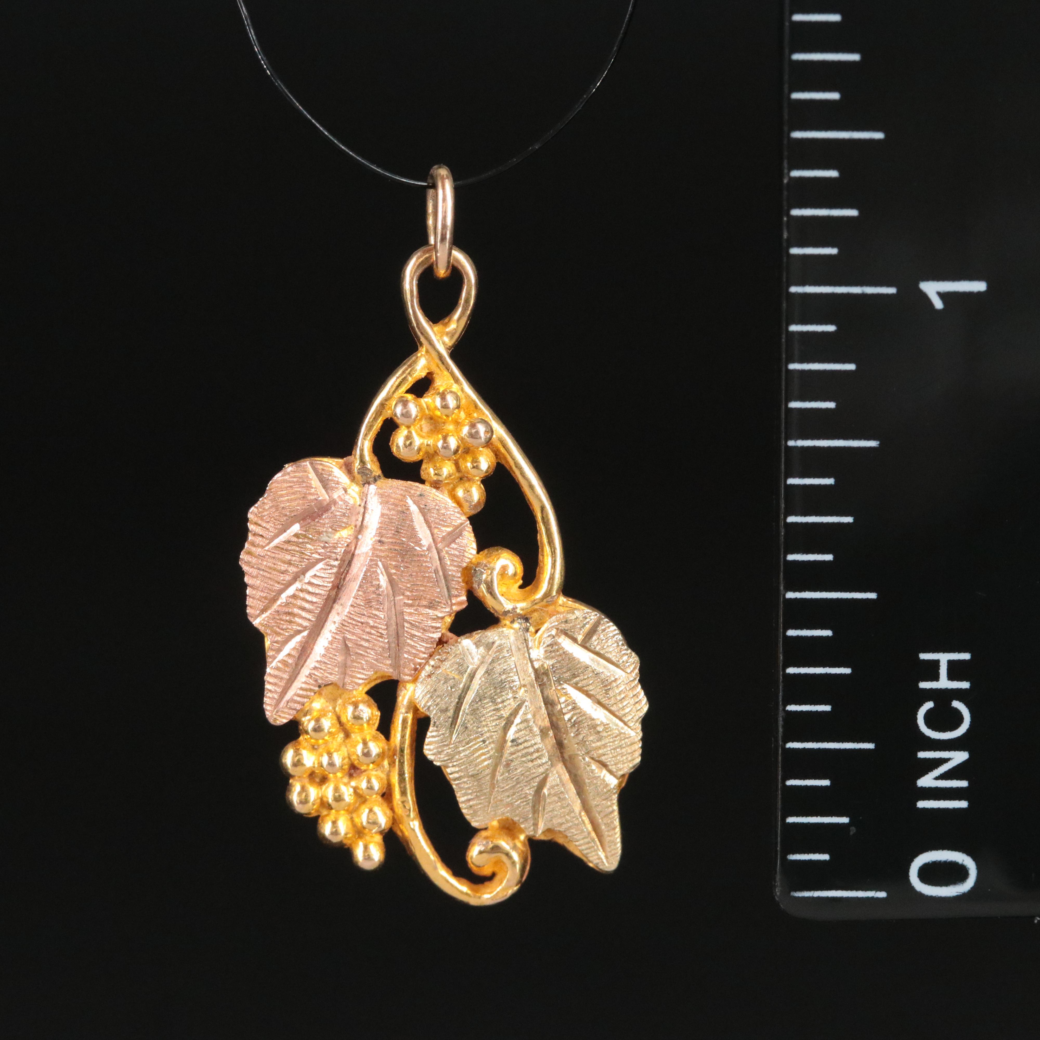 10K and 12K Tri -Tone Gold Grape Vine Pendant Featuring Rose and Green Gold