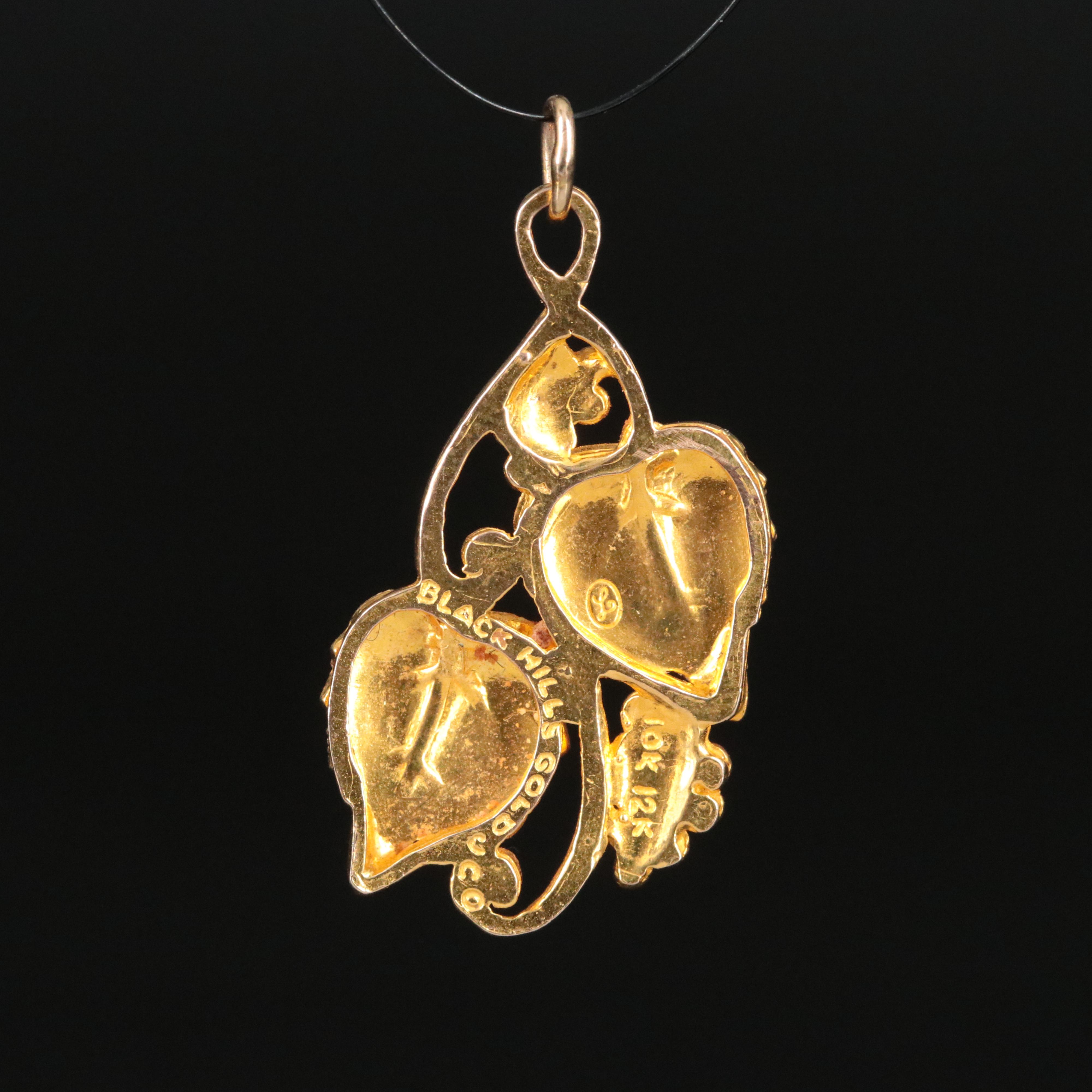 10K and 12K Tri -Tone Gold Grape Vine Pendant Featuring Rose and Green Gold