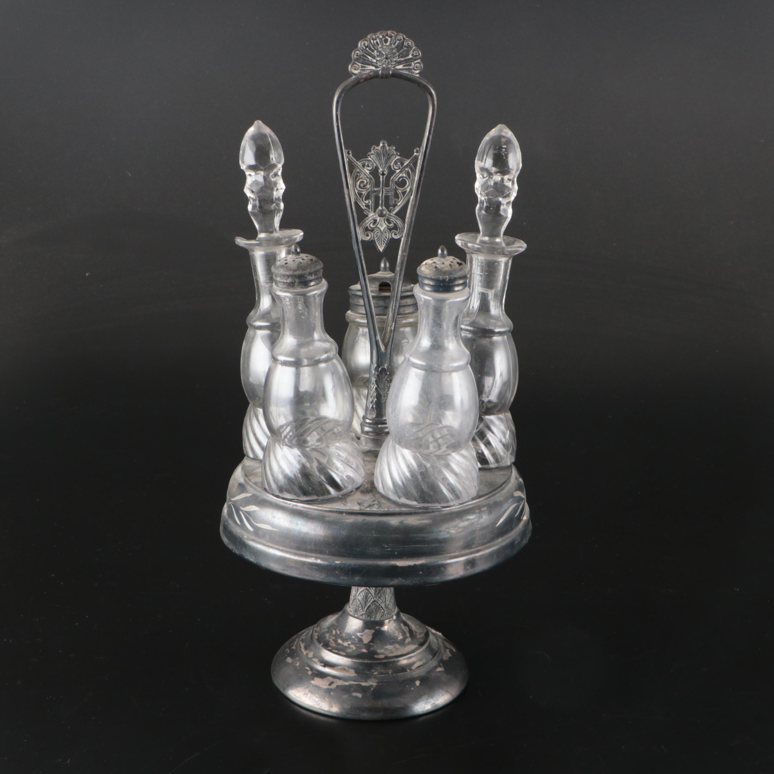 Victorian Silver Plate and Glass Pickle Castors with Condiment Set and Caddies