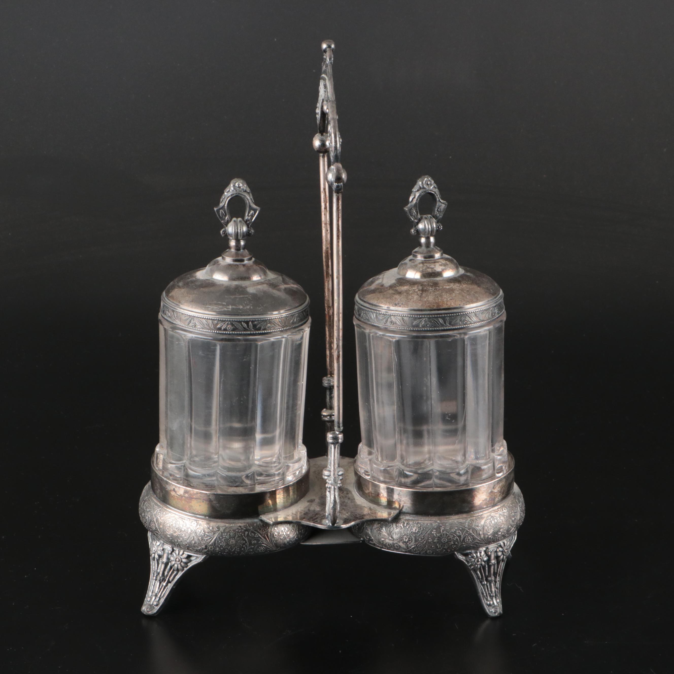 Victorian Silver Plate and Glass Pickle Castors with Condiment Set and Caddies