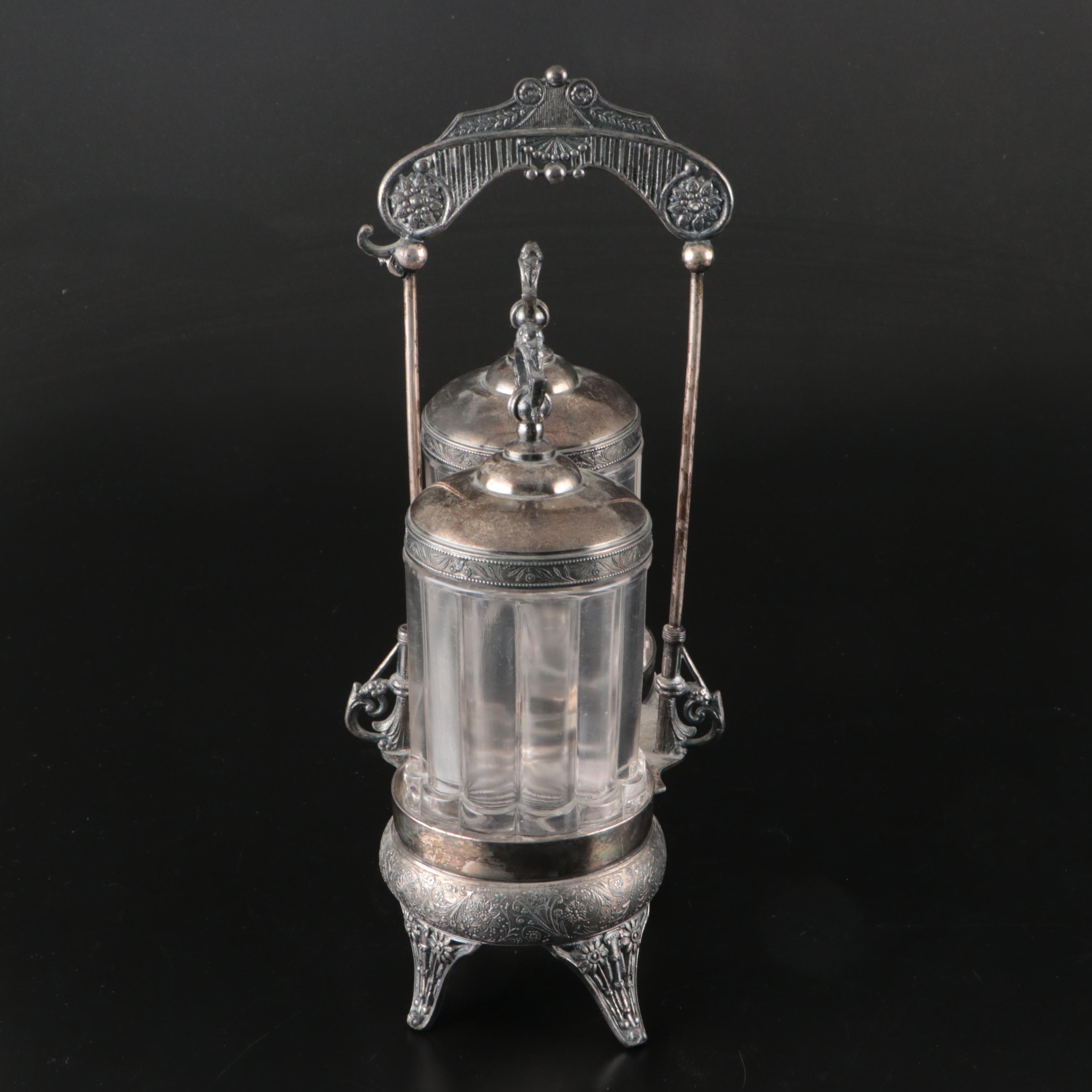 Victorian Silver Plate and Glass Pickle Castors with Condiment Set and Caddies
