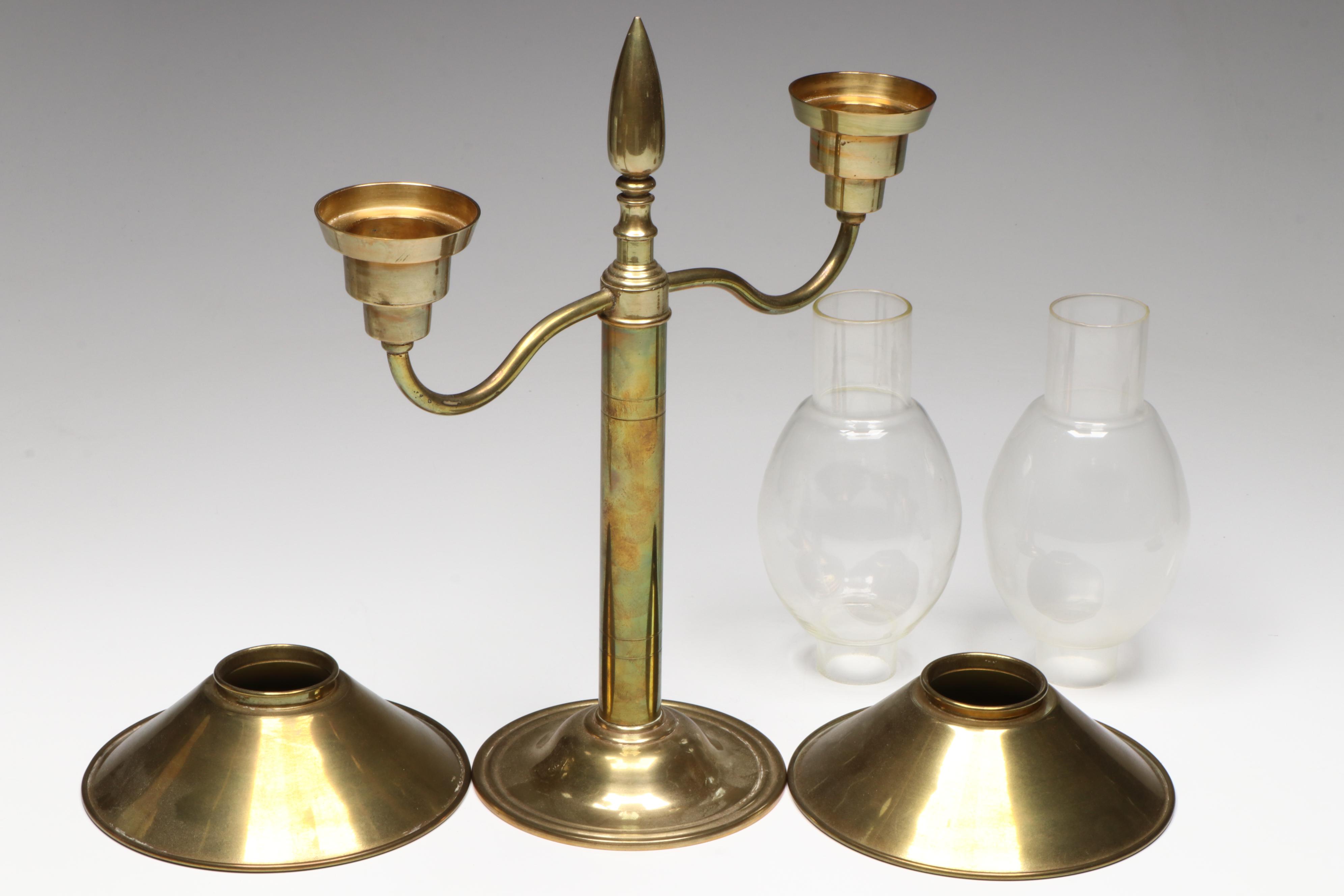 Cast Brass Candelabrum with Wick Trimmer and Shell Ring Dish