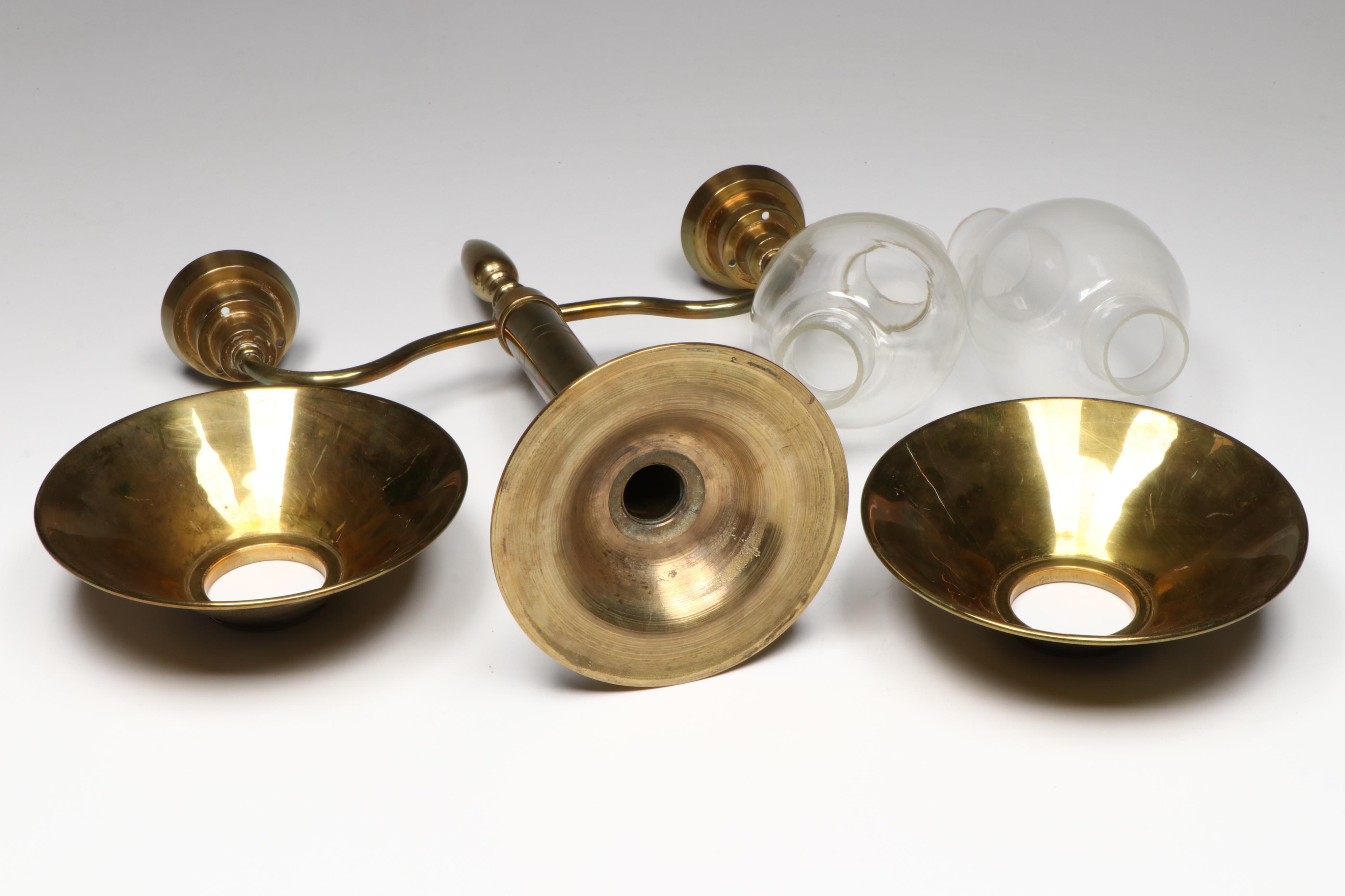 Cast Brass Candelabrum with Wick Trimmer and Shell Ring Dish