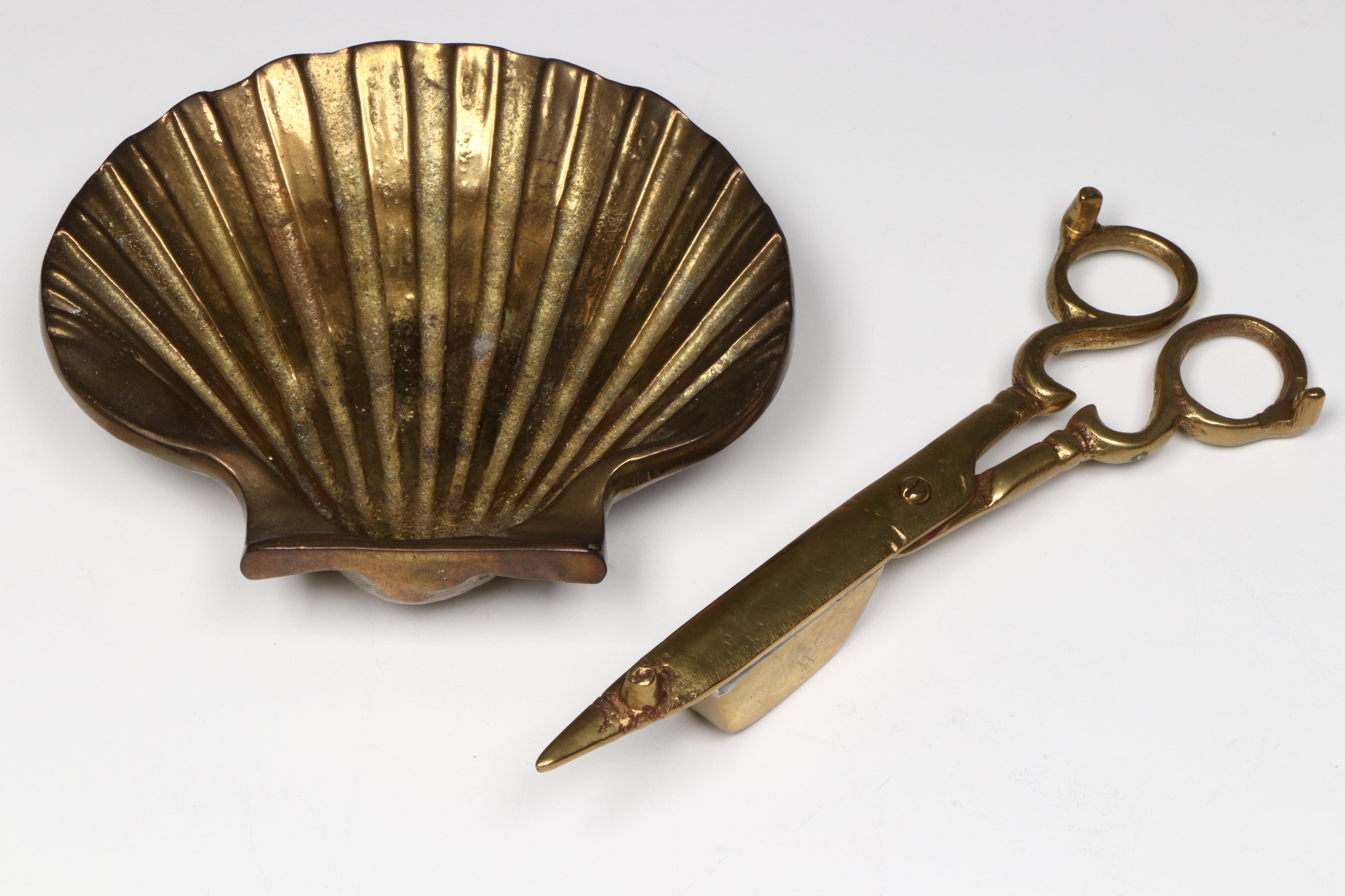 Cast Brass Candelabrum with Wick Trimmer and Shell Ring Dish