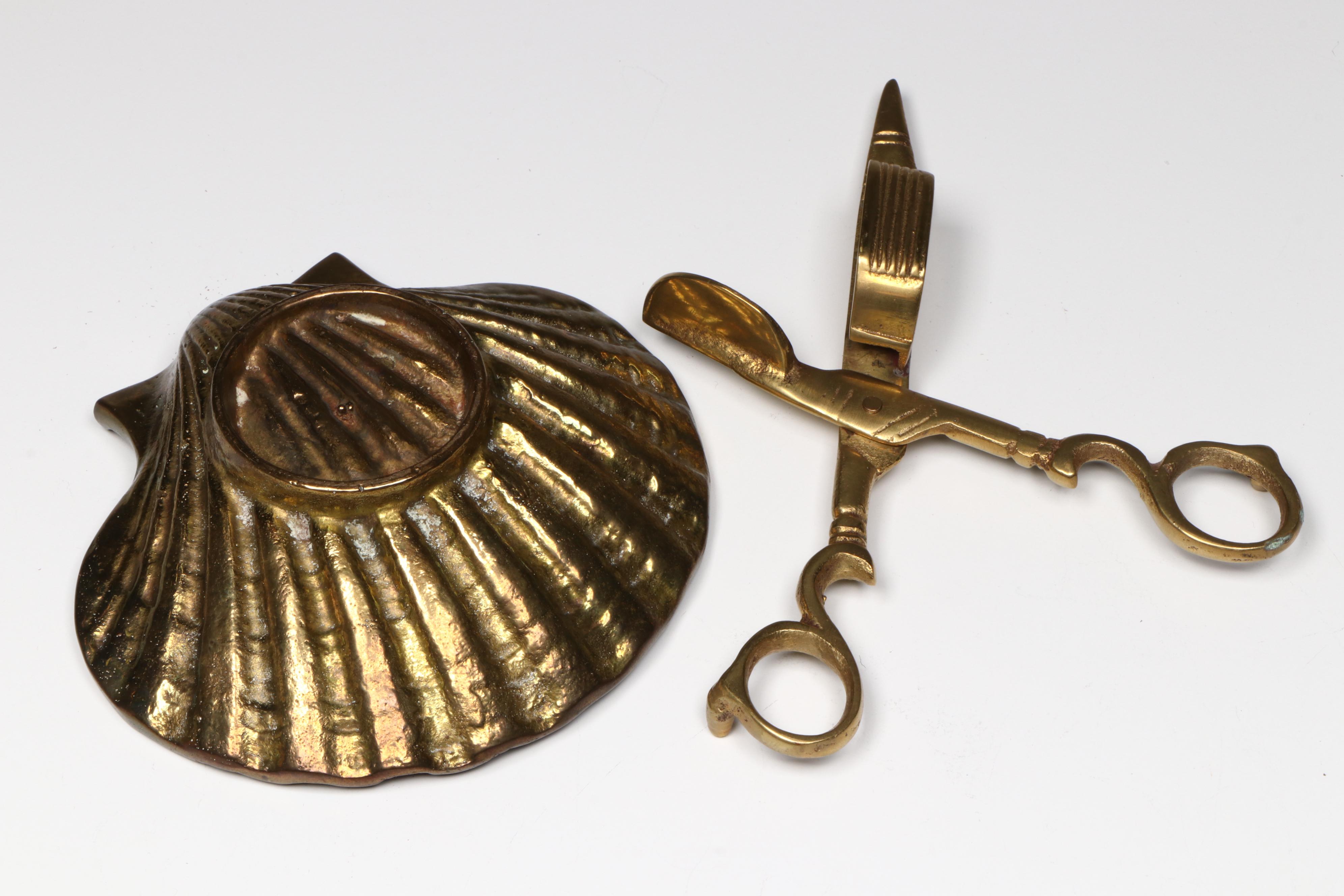 Cast Brass Candelabrum with Wick Trimmer and Shell Ring Dish