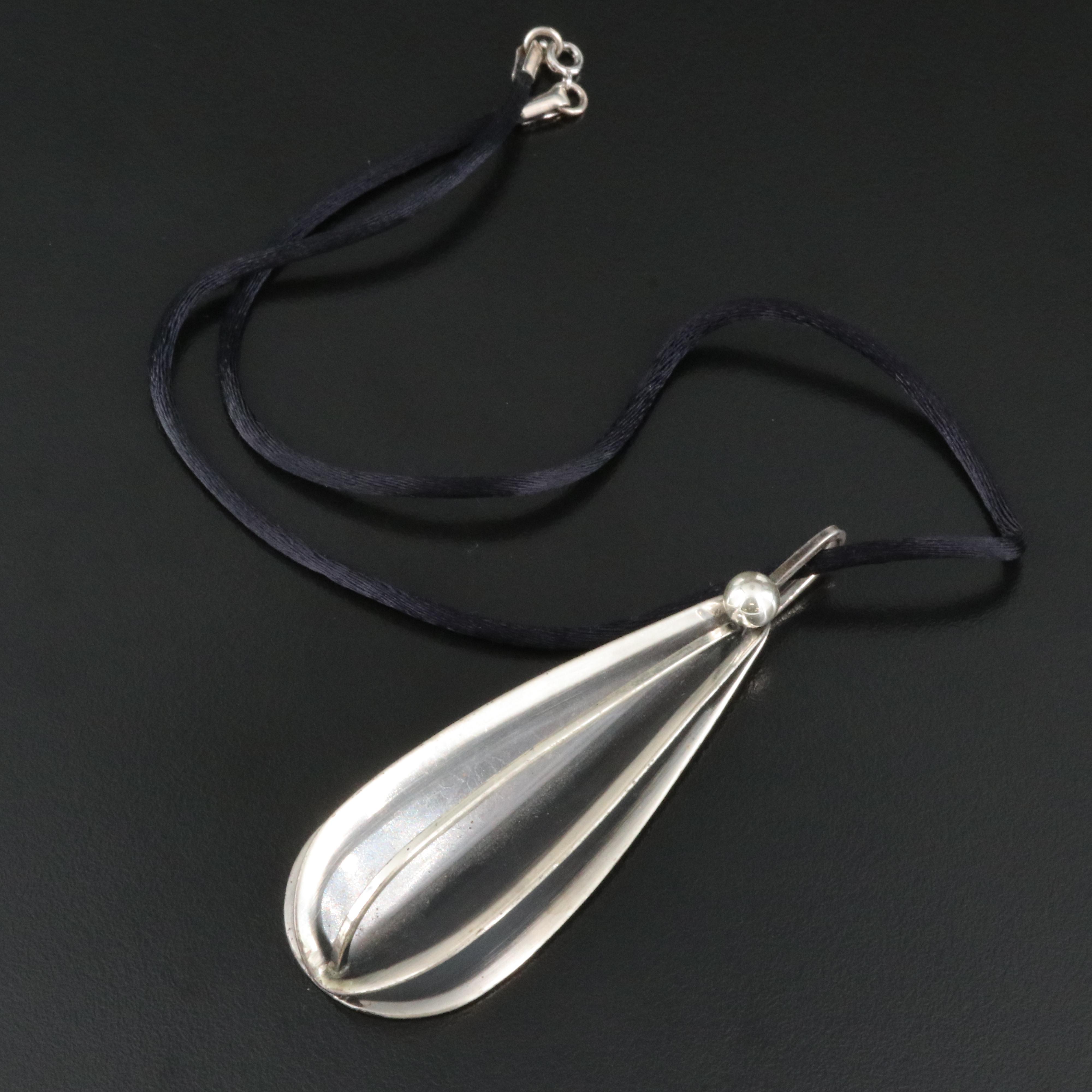 Otto Robert Bade Sterling Fluted Pendant on Cord Necklace