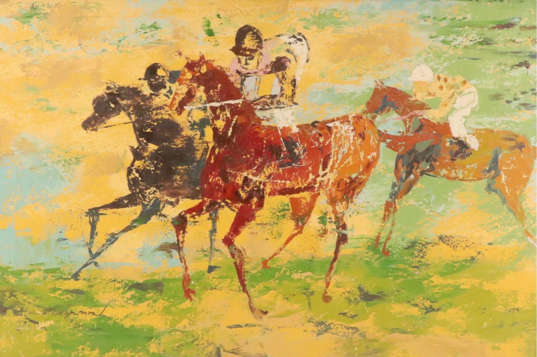 Youngerman Thoroughbred Horse Racing Scene Oil Painting, Mid-20th Century