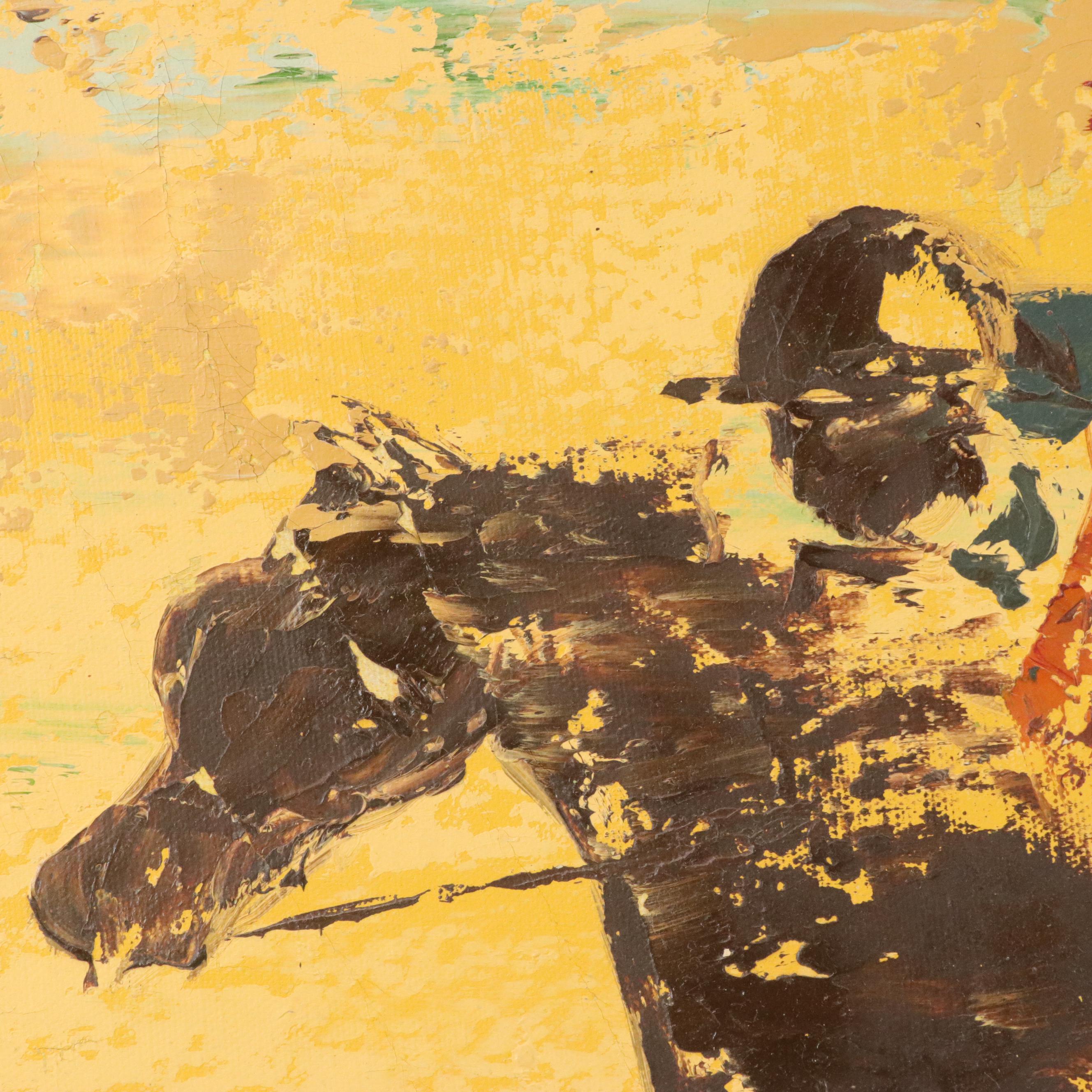 Youngerman Thoroughbred Horse Racing Scene Oil Painting, Mid-20th Century