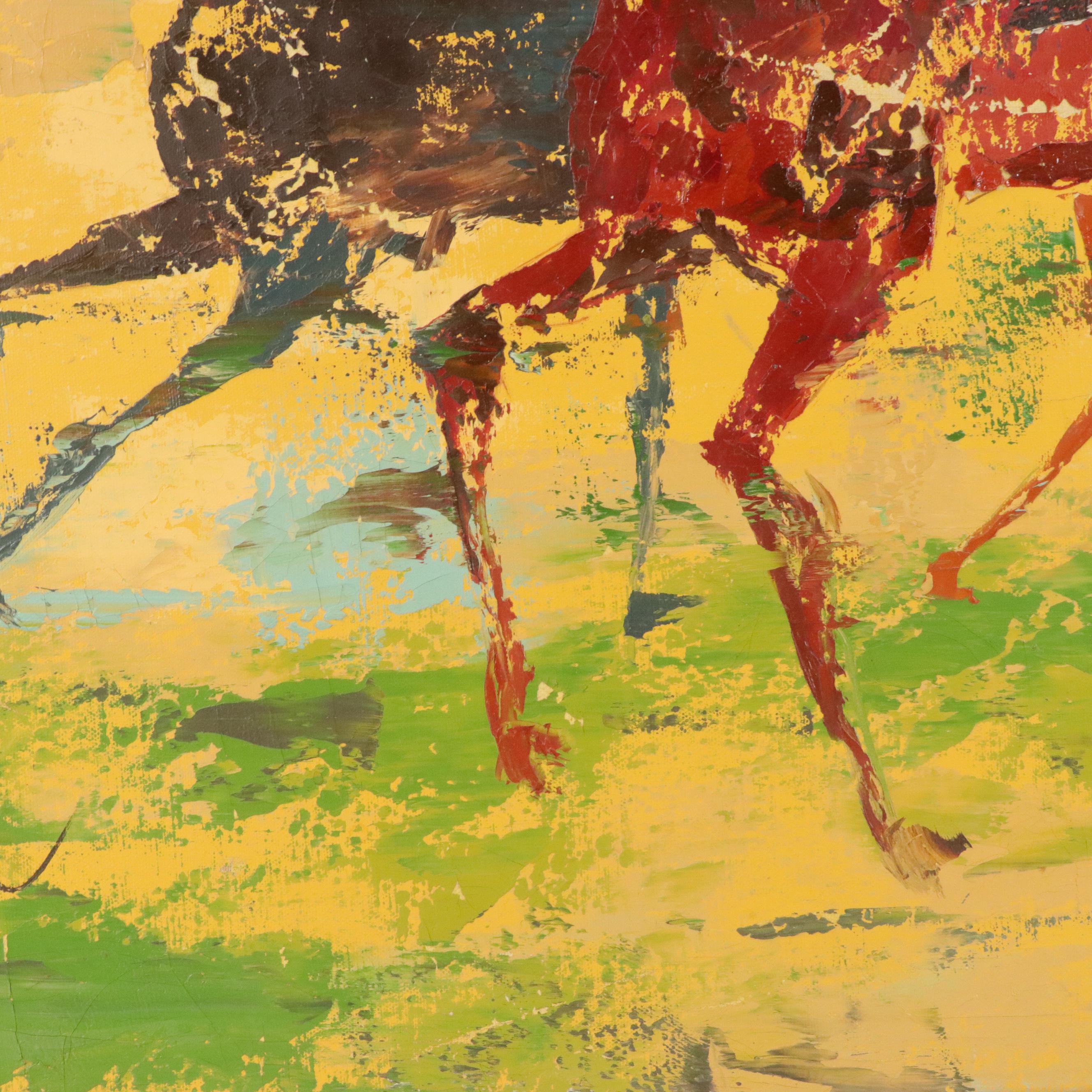 Youngerman Thoroughbred Horse Racing Scene Oil Painting, Mid-20th Century