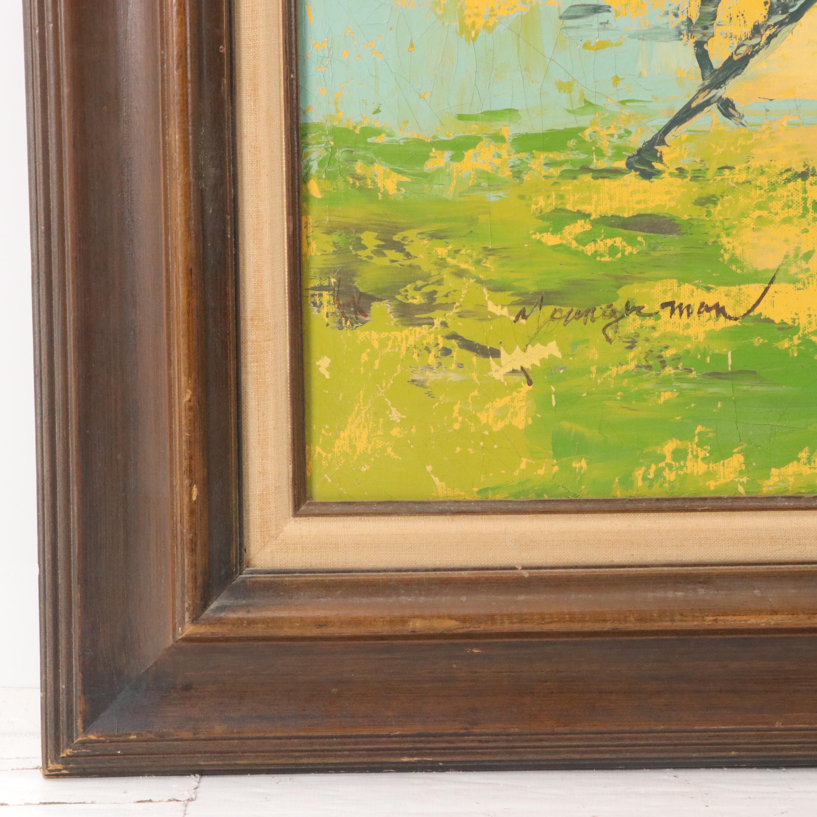 Youngerman Thoroughbred Horse Racing Scene Oil Painting, Mid-20th Century