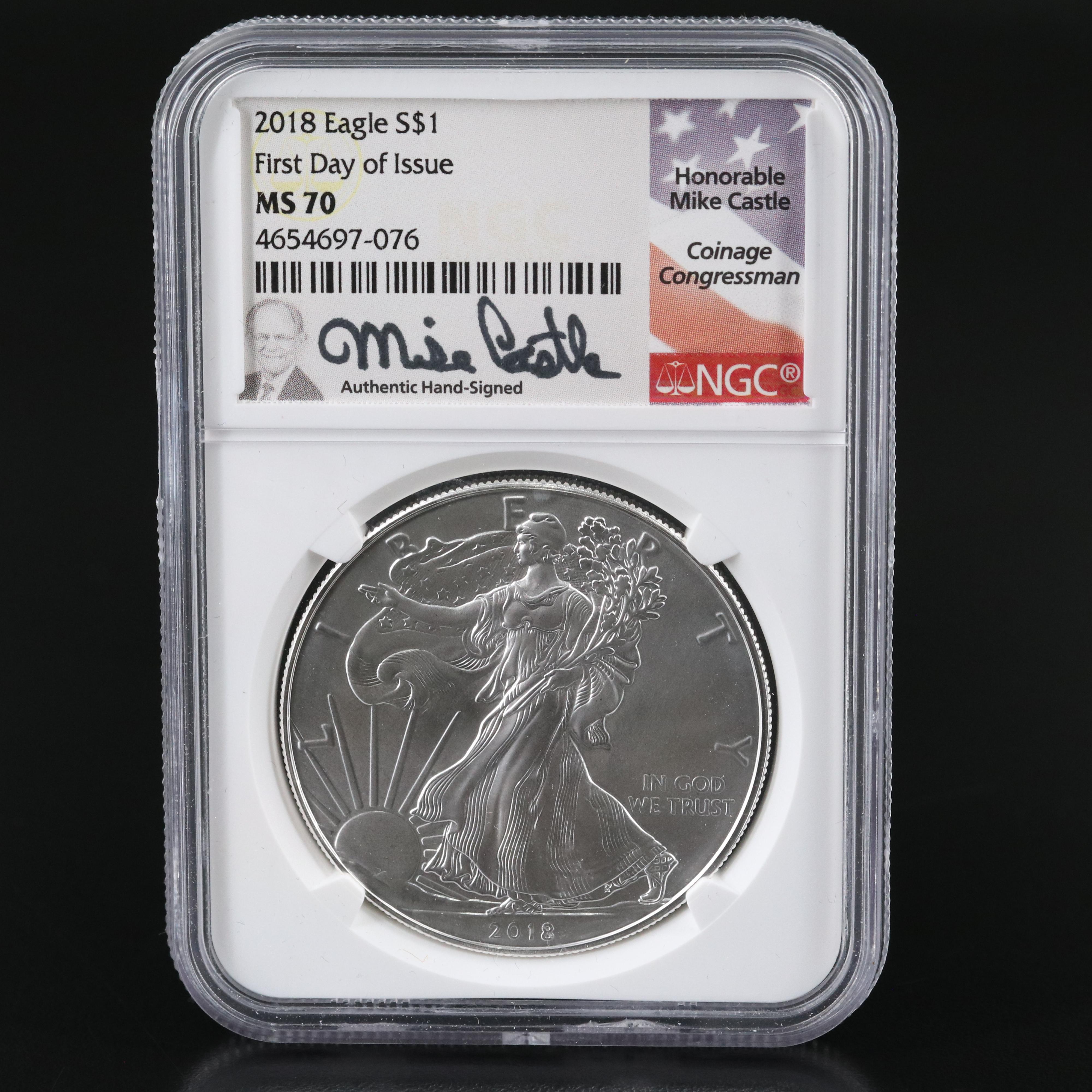NGC MS70 2018 $1 U.S. Silver Eagle Castle Signed