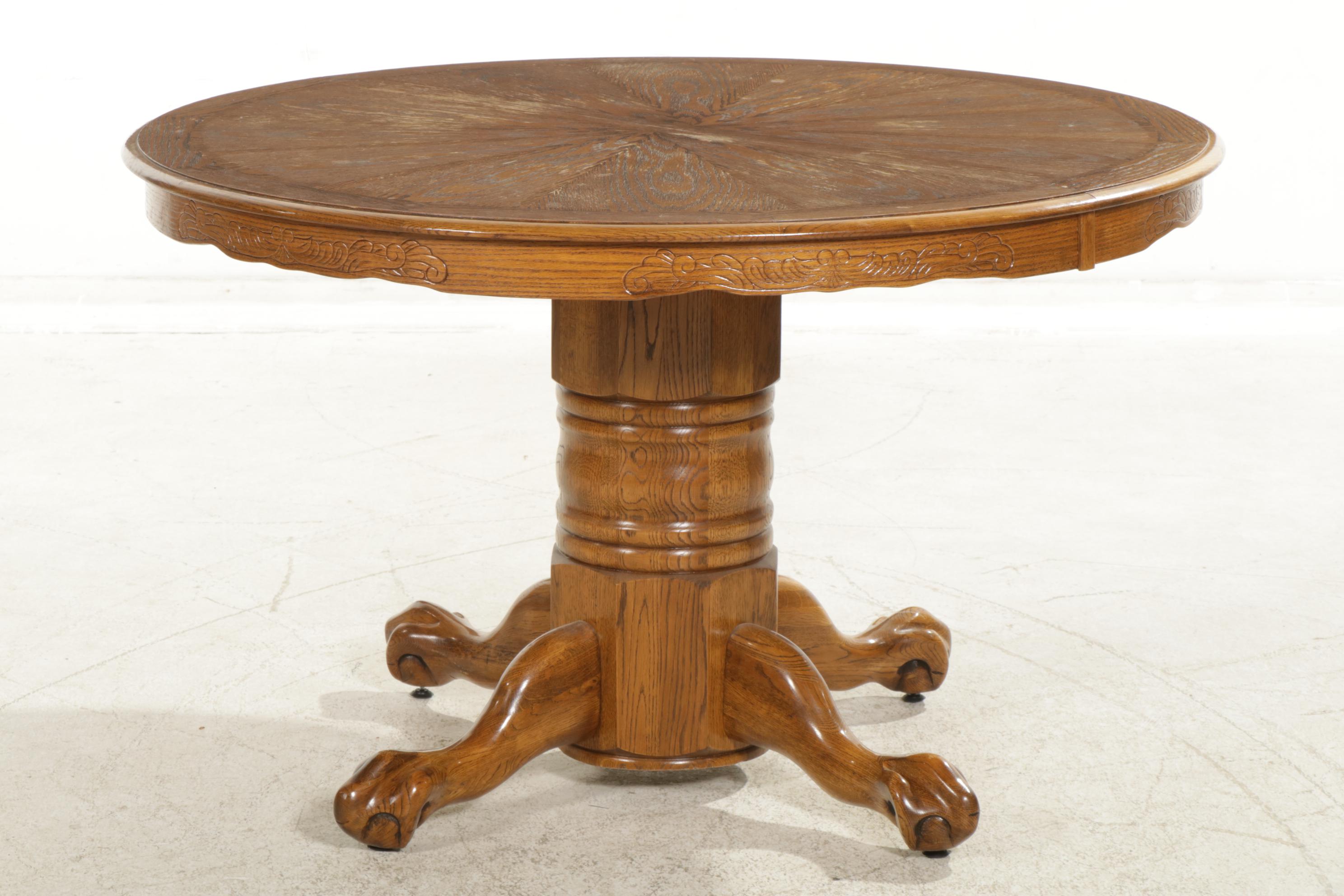Oak Pedestal Dining Table and Four Chairs  with Pressed Designs