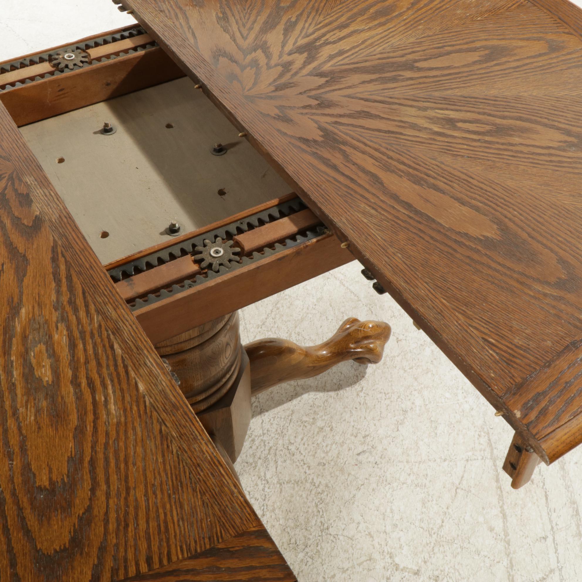 Oak Pedestal Dining Table and Four Chairs  with Pressed Designs