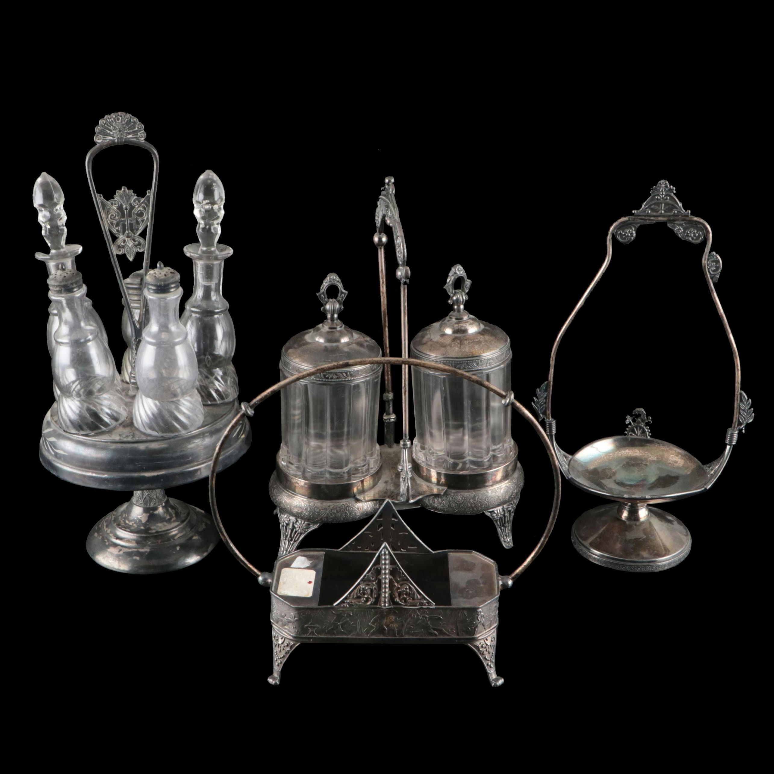Victorian Silver Plate and Glass Pickle Castors with Condiment Set and Caddies