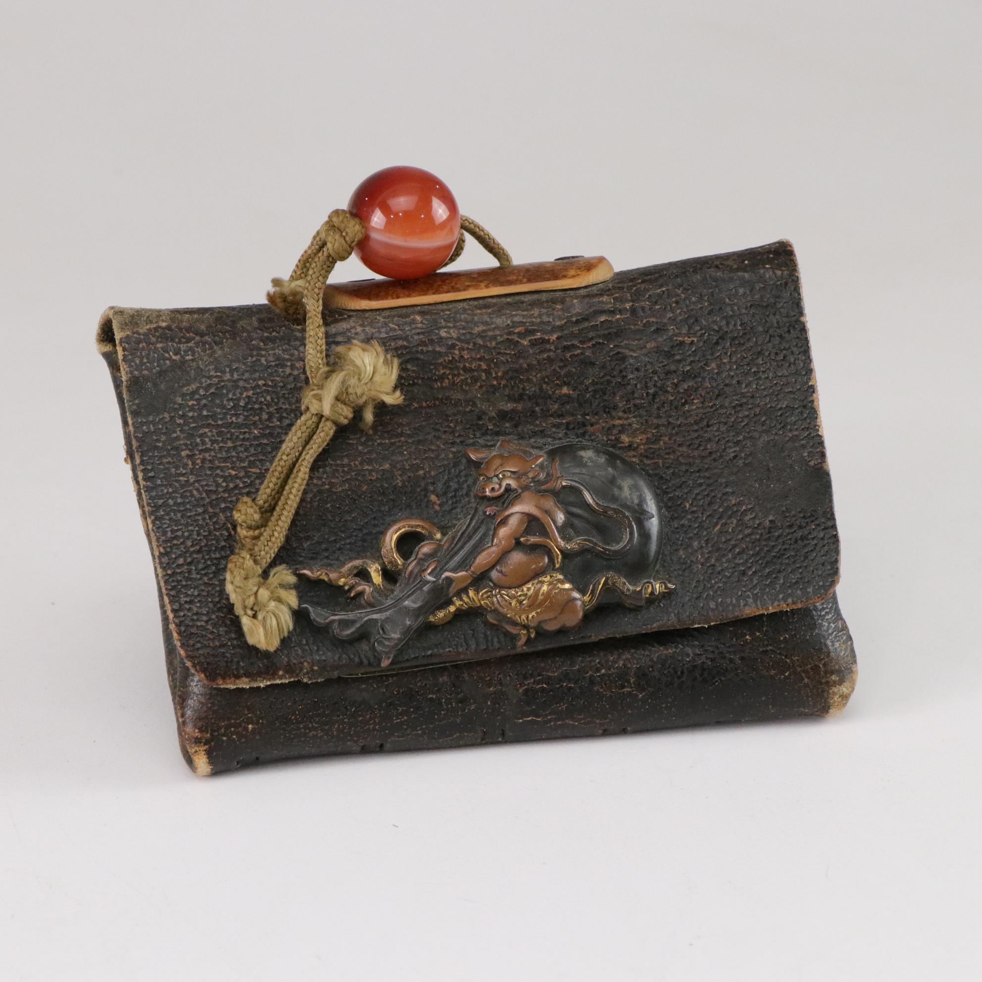 Japanese Kiseru Leather Tobacco Pouch With Figural Decoration and Bead