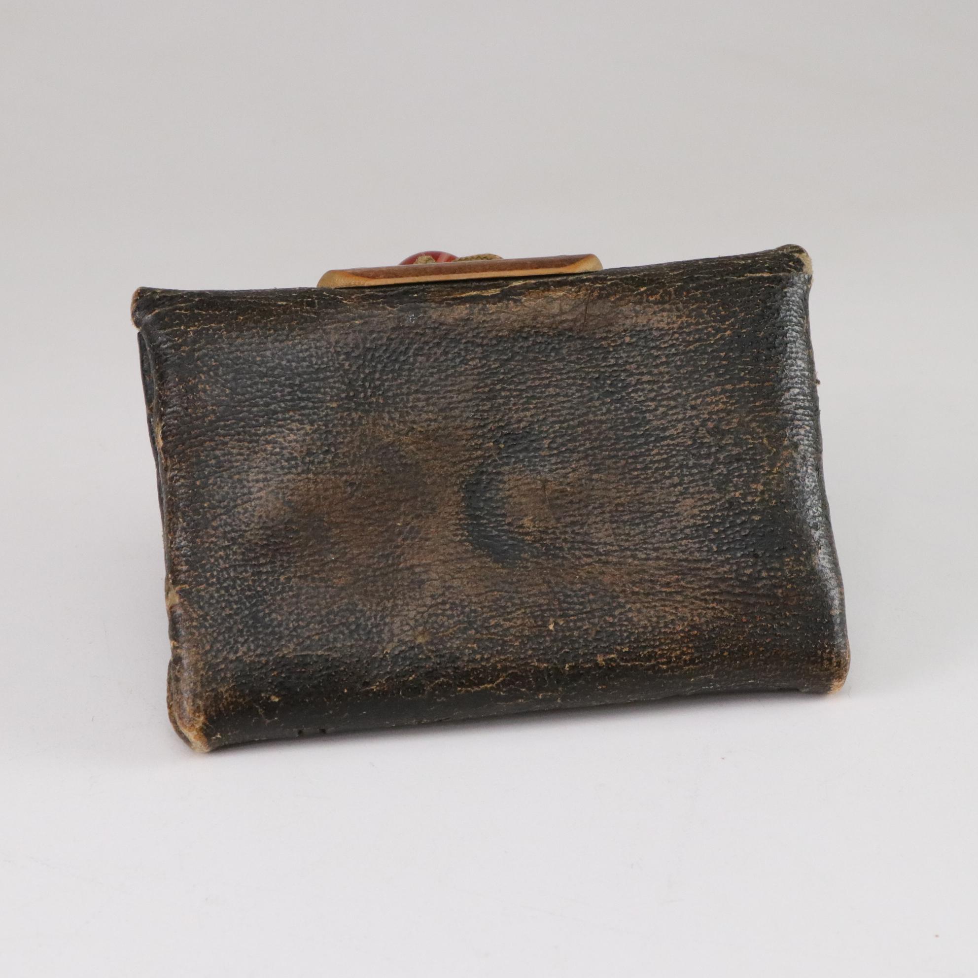 Japanese Kiseru Leather Tobacco Pouch With Figural Decoration and Bead