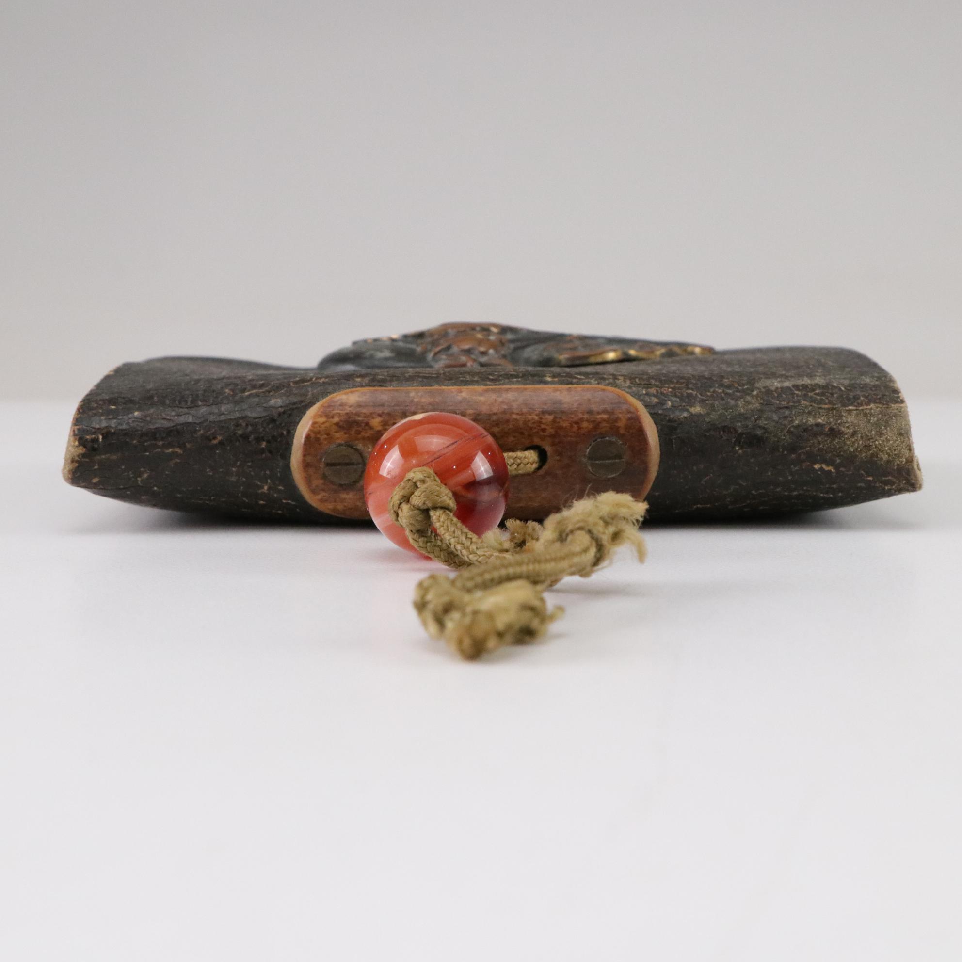 Japanese Kiseru Leather Tobacco Pouch With Figural Decoration and Bead